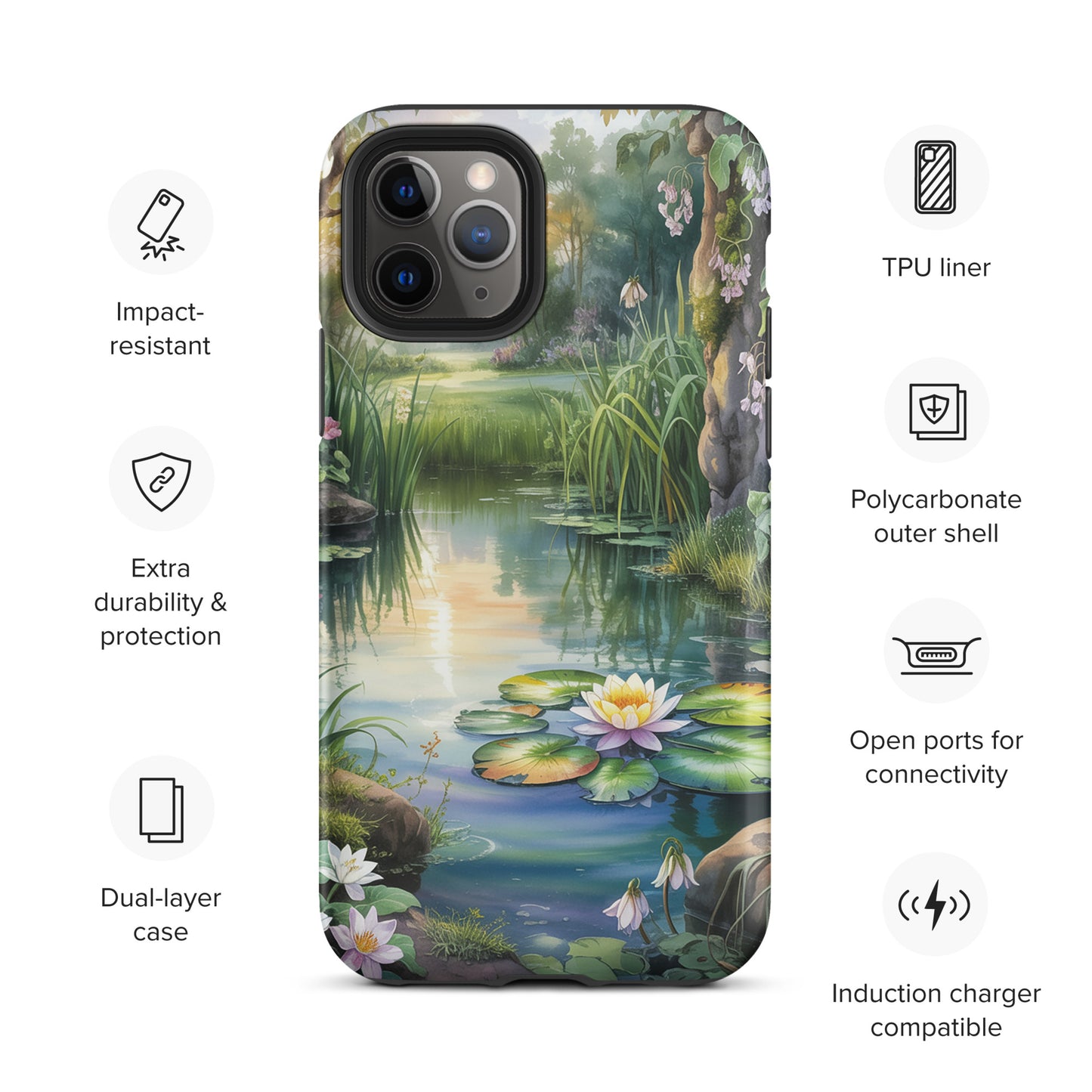 Phone Case for iPhone: Enchanted Pond design featuring a serene lily pond with lush greenery, perfect for nature lovers.