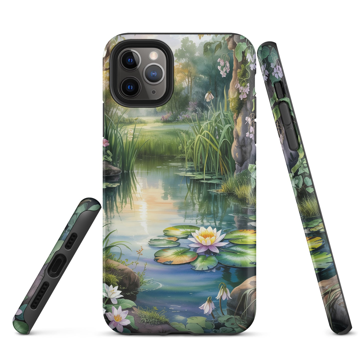 Phone Case for iPhone displaying scenic enchanted pond with lily pads and wildflowers, creating a storybook escape.