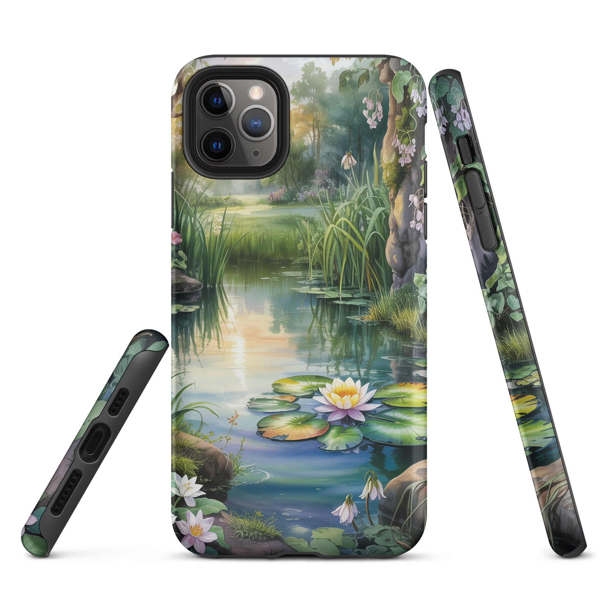 Phone Case for iPhone displaying scenic enchanted pond with lily pads and wildflowers, creating a storybook escape.