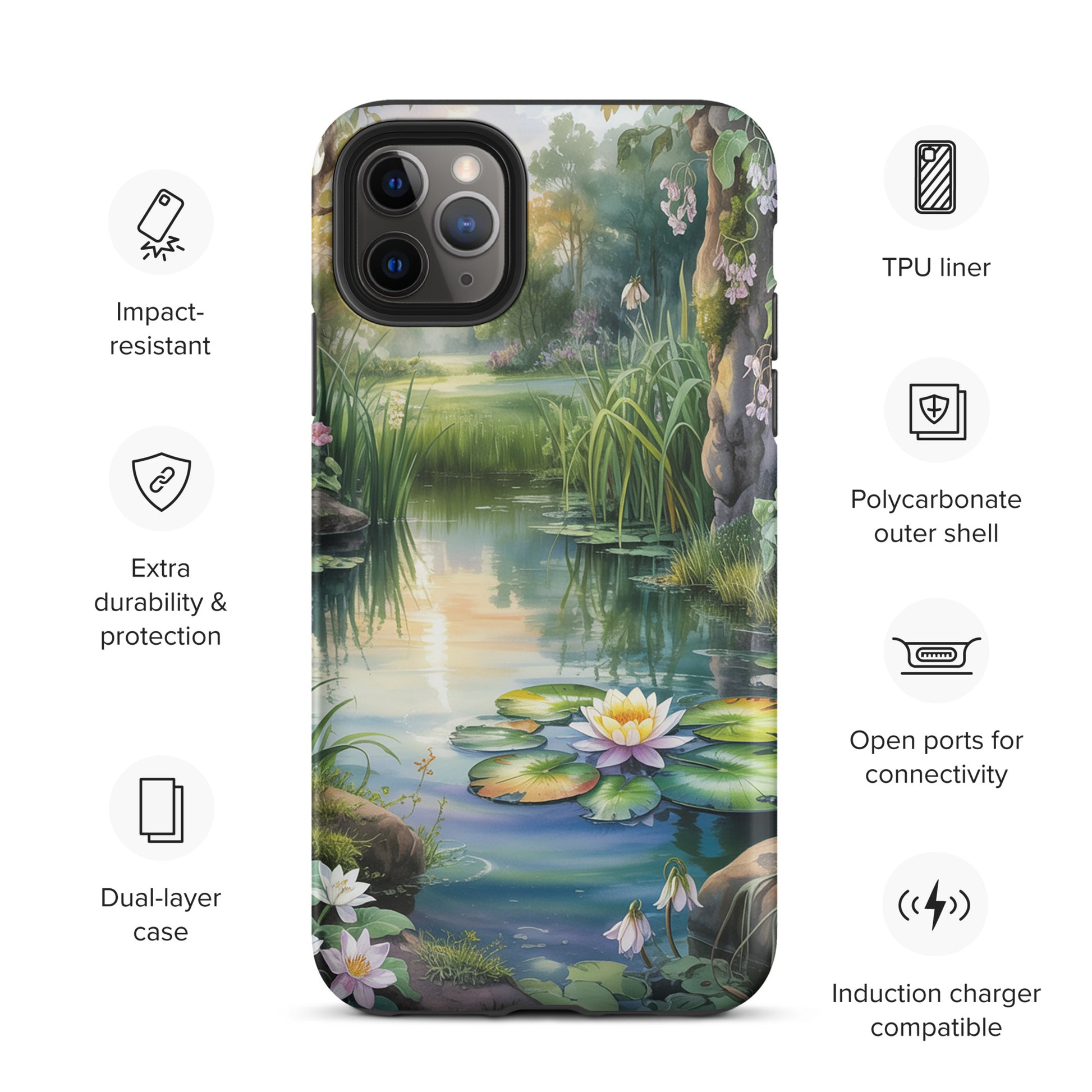 Phone Case for iPhone with enchanted pond design featuring lily pads and lush greenery, TPU liner and dual-layer protection.
