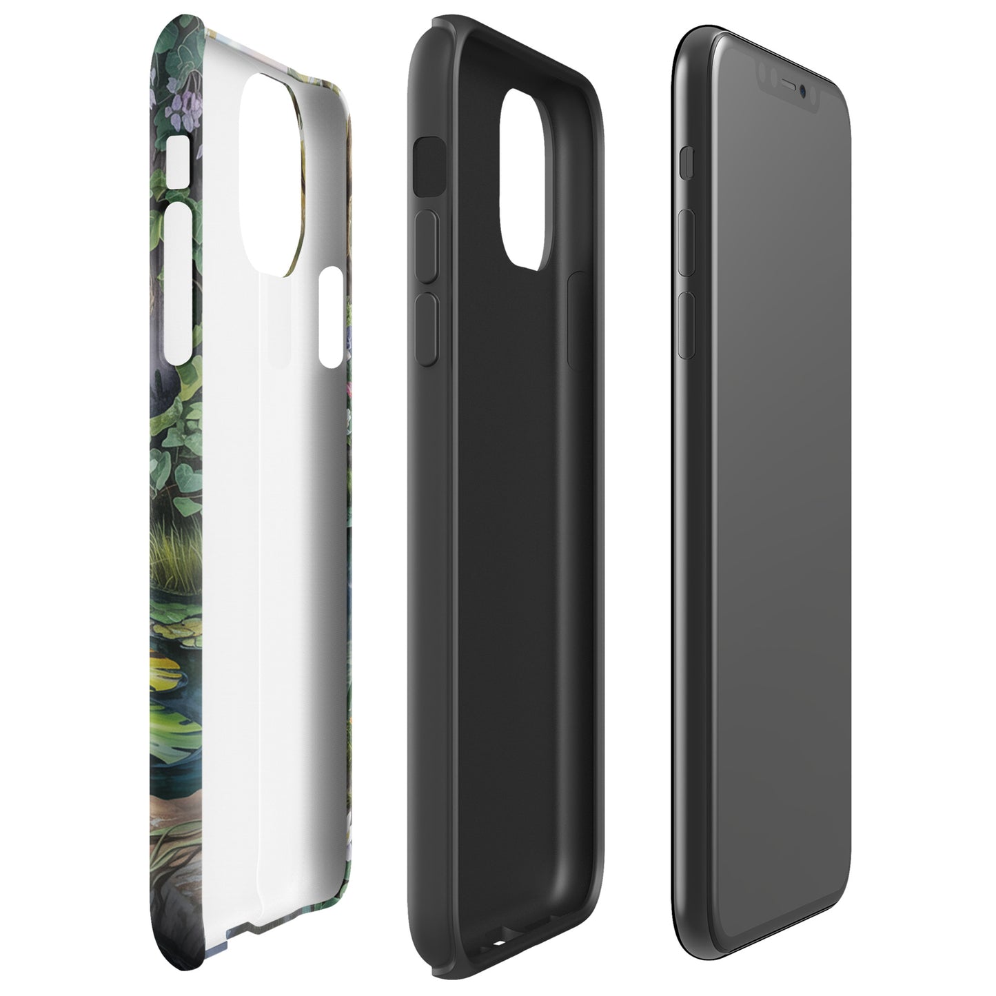Phone Case for iPhone with enchanted pond design, featuring lily-dotted water, sunset light, and greenery, side and back views shown.