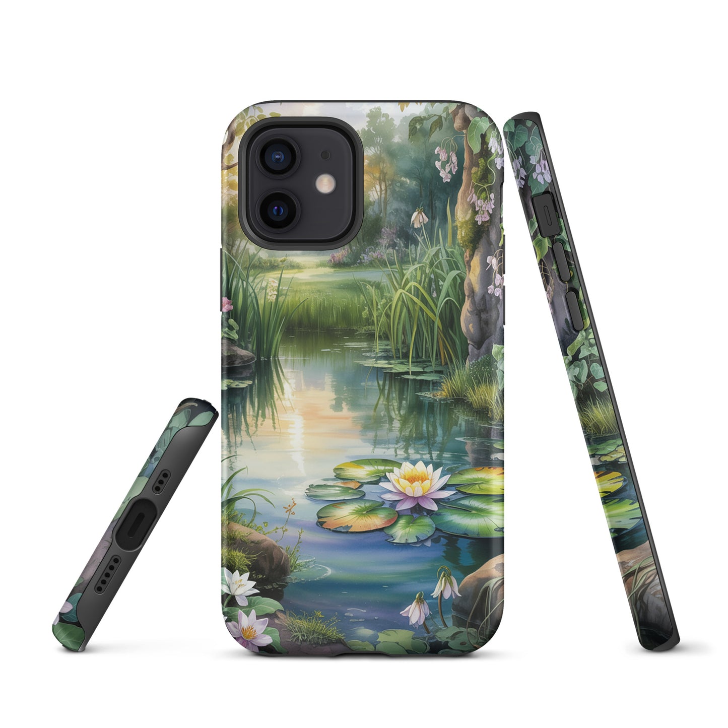 Phone Case with Enchanted Pond design showcasing lily-dotted pond and dreamy wildflowers, perfect for iPhone.