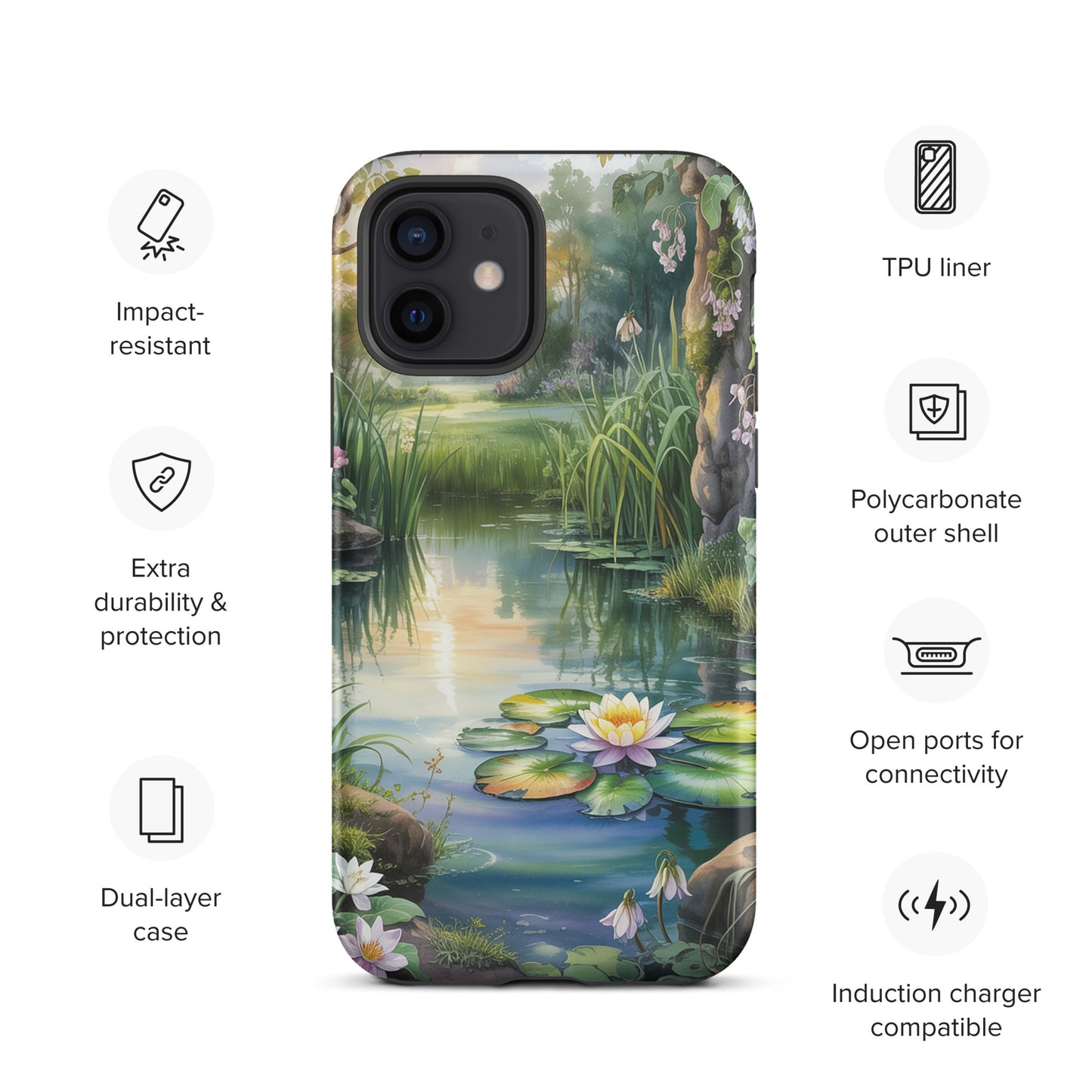 Phone Case for iPhone with enchanting pond design, featuring water lilies and lush greenery for a tranquil look.