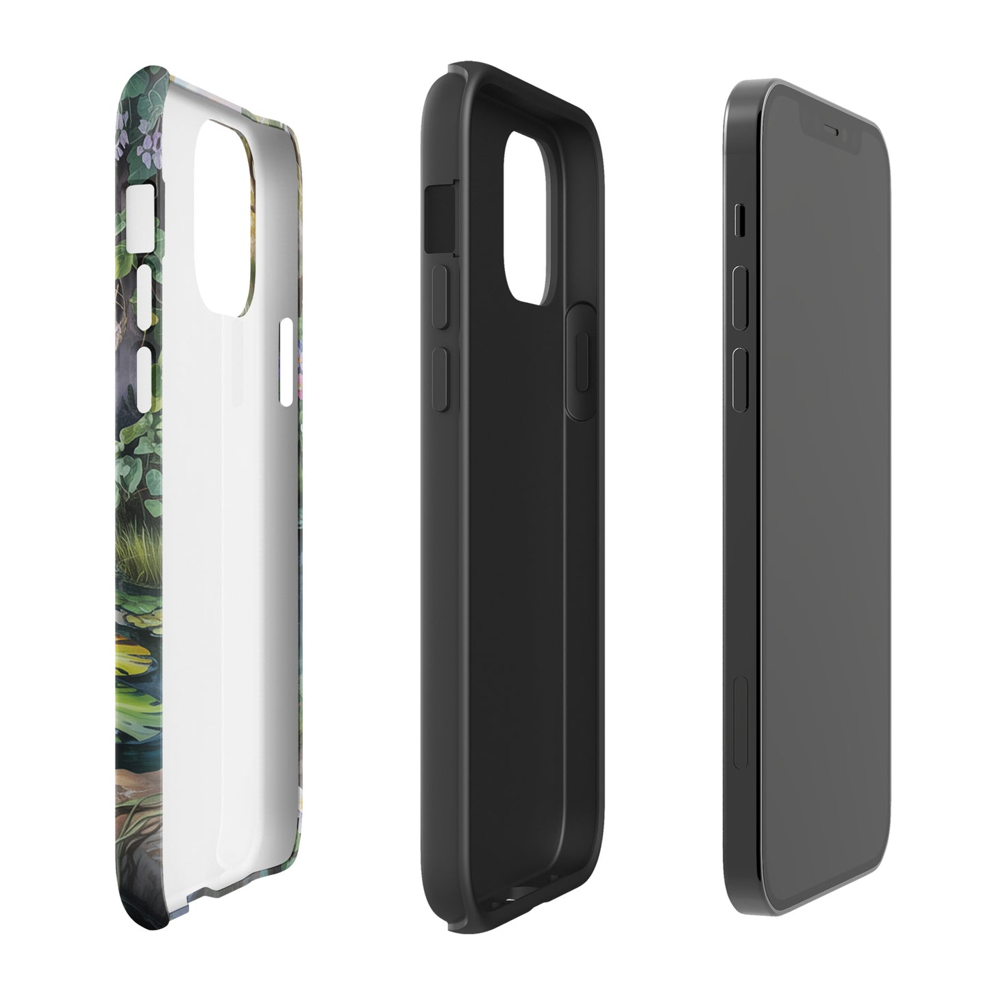 Phone Case for iPhone with enchanted pond design featuring lily-dotted pond and lush greenery, offering a storybook charm.