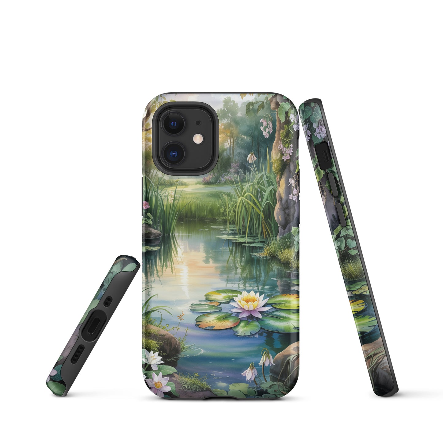 Phone Case featuring Enchanted Pond design with glowing lily pond, greenery, and wildflowers for iPhone