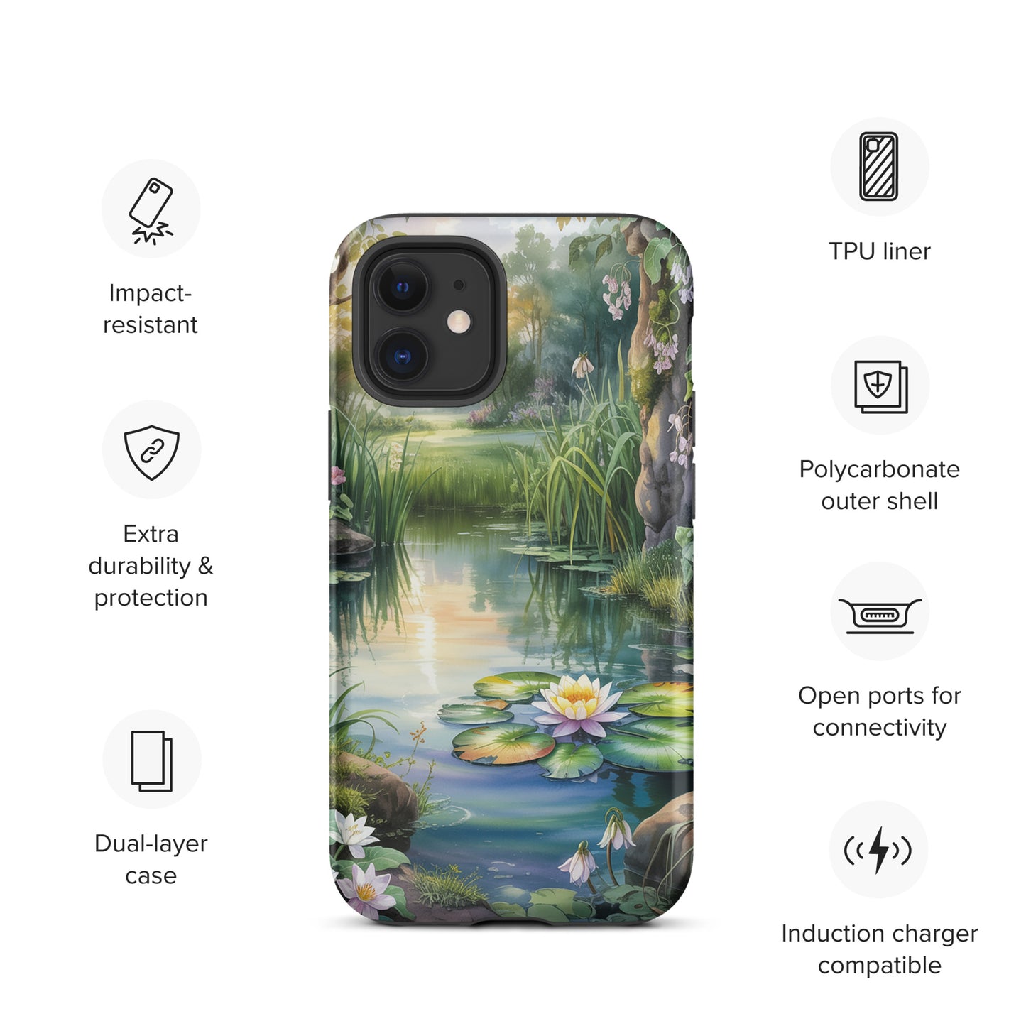 Phone Case for iPhone featuring Enchanted Pond design with lily pads, wildflowers, and sunset hues for a peaceful, storybook charm.