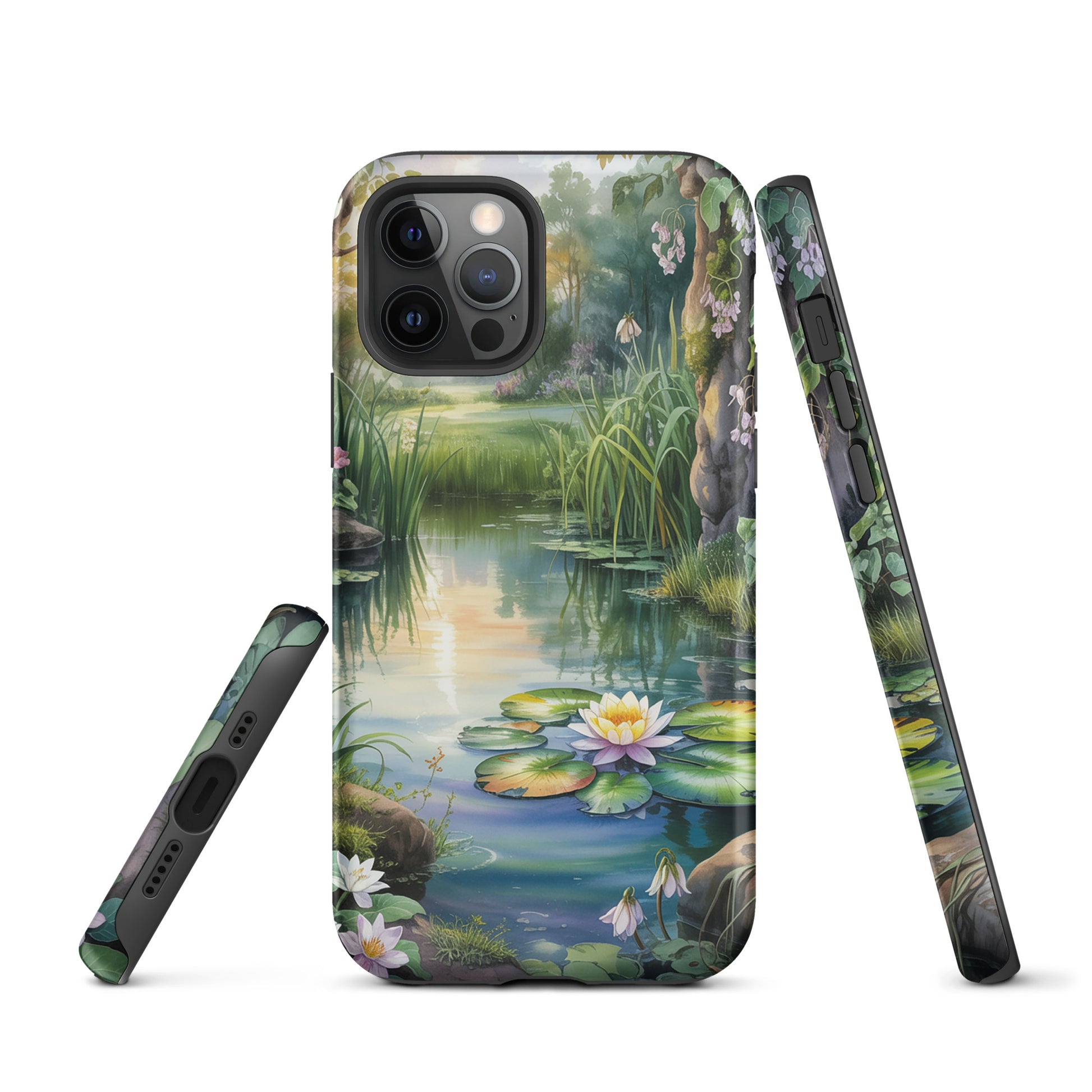 Phone Case for iPhone with Enchanted Pond design featuring a lily-dotted pond and lush greenery, perfect for nature lovers.