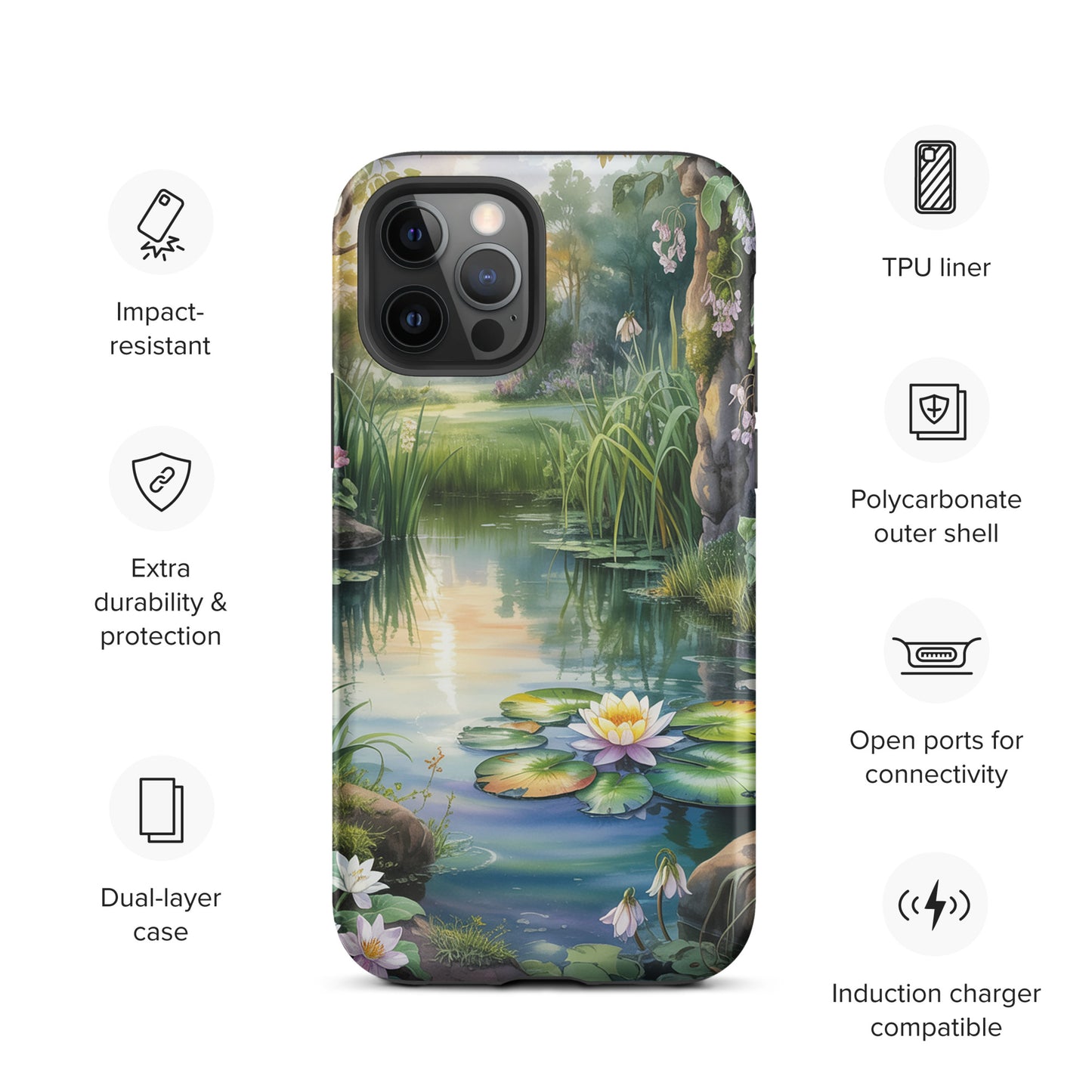 Phone Case with enchanted pond design for iPhone featuring water lilies and sunset light.