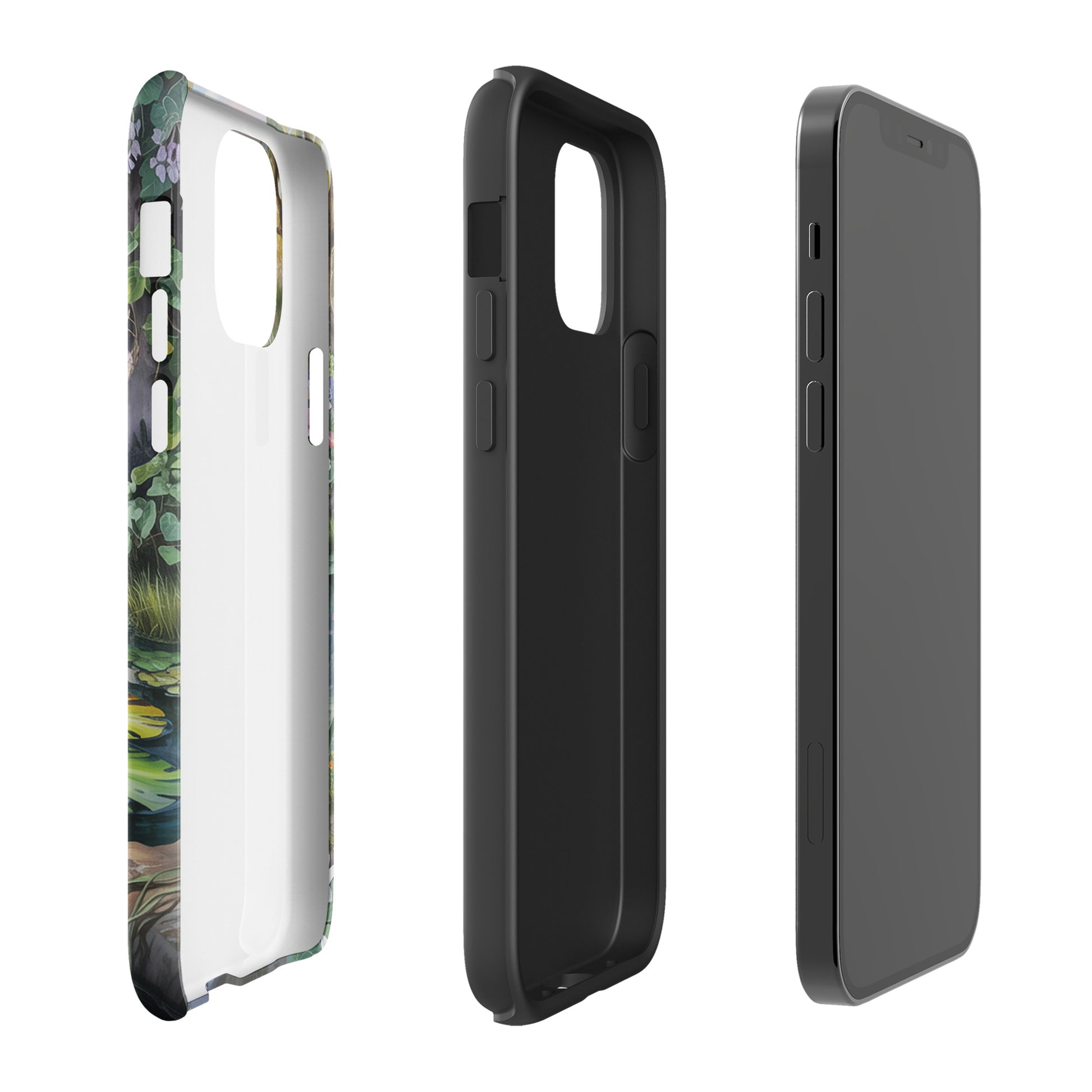 Side view of the Enchanted Pond Phone Case for iPhone, featuring lush greenery and water lily design, perfect for nature lovers.