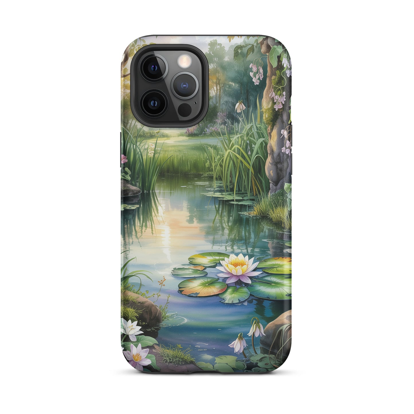Phone Case for iPhone with enchanted pond design, featuring lily pads and flowers on a peaceful, scenic water landscape.