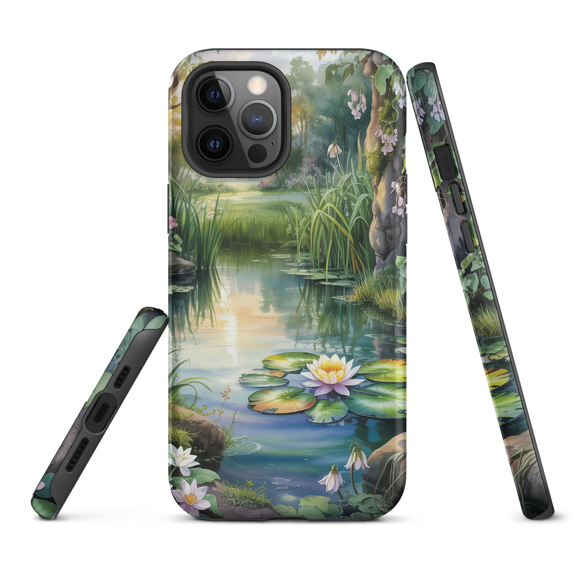 Phone Case for iPhone featuring a serene pond scene with lilies and greenery, inspired by storybook charm.