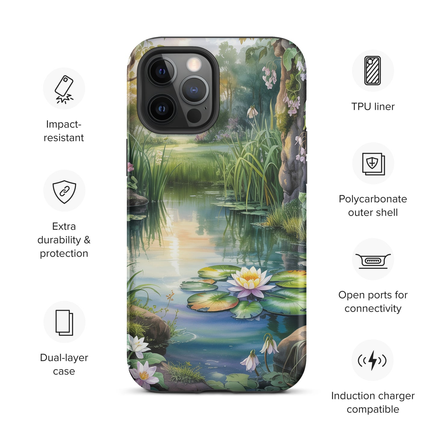 Phone Case featuring an enchanted pond design with water lilies, lush greenery, and sunset reflections for iPhone protection.