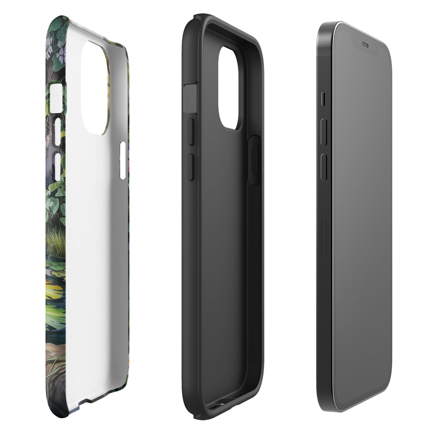 Phone Case for iPhone with enchanted pond design, featuring glowing lilies and lush greenery.