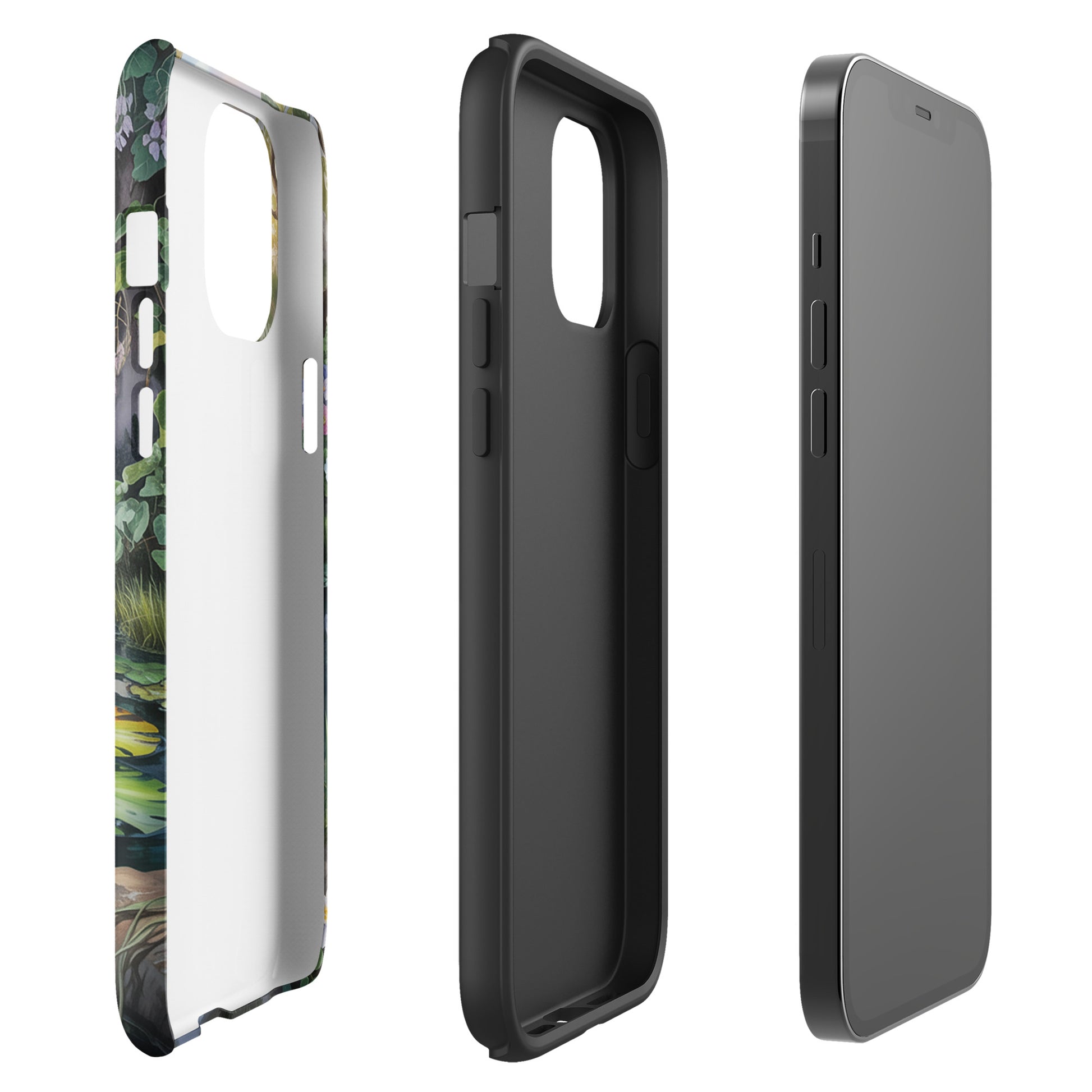 Phone Case for iPhone with enchanted pond design, featuring glowing lilies and lush greenery.