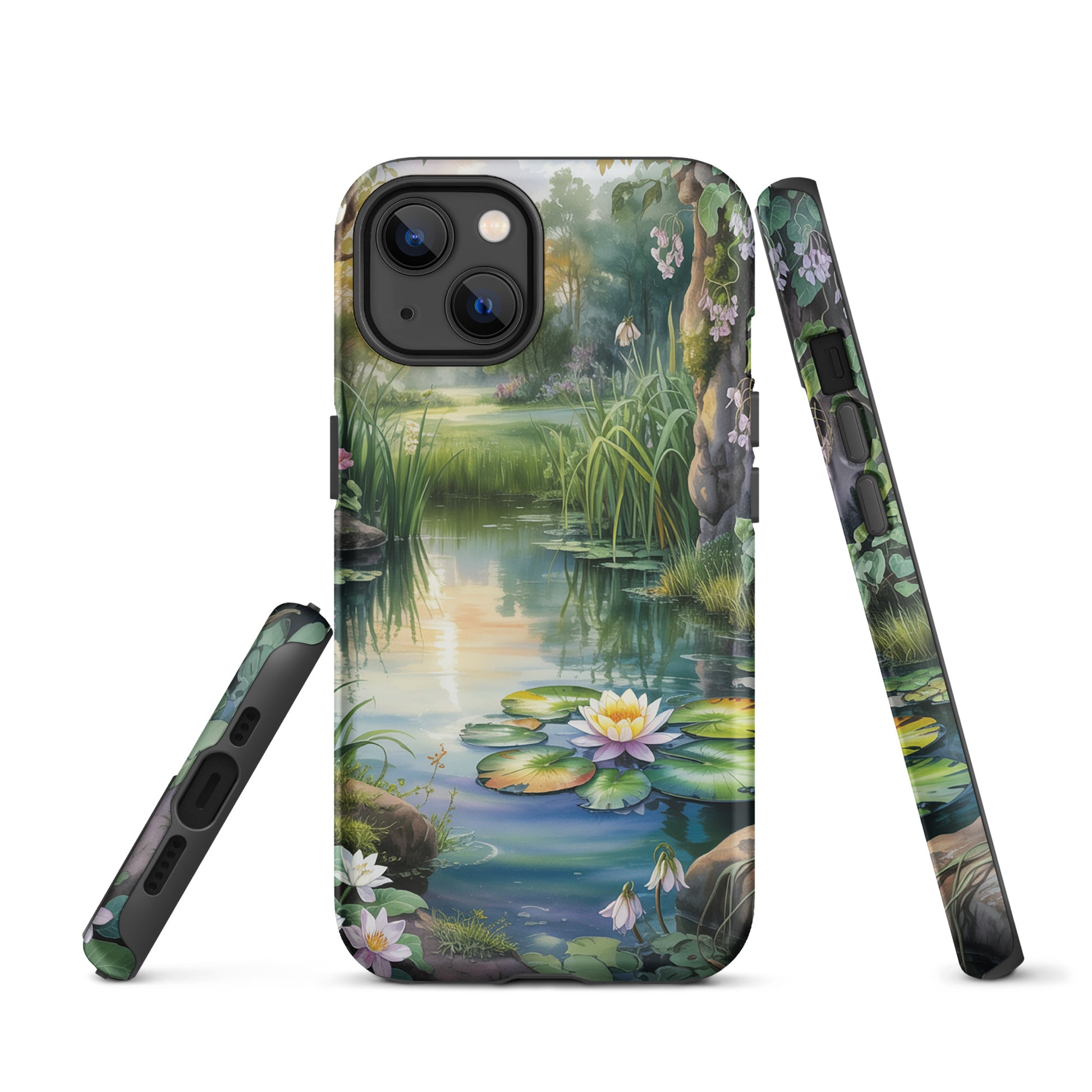 Phone Case featuring enchanted pond design with lily pads and wildflowers for iPhone, storybook charm with golden reflections.