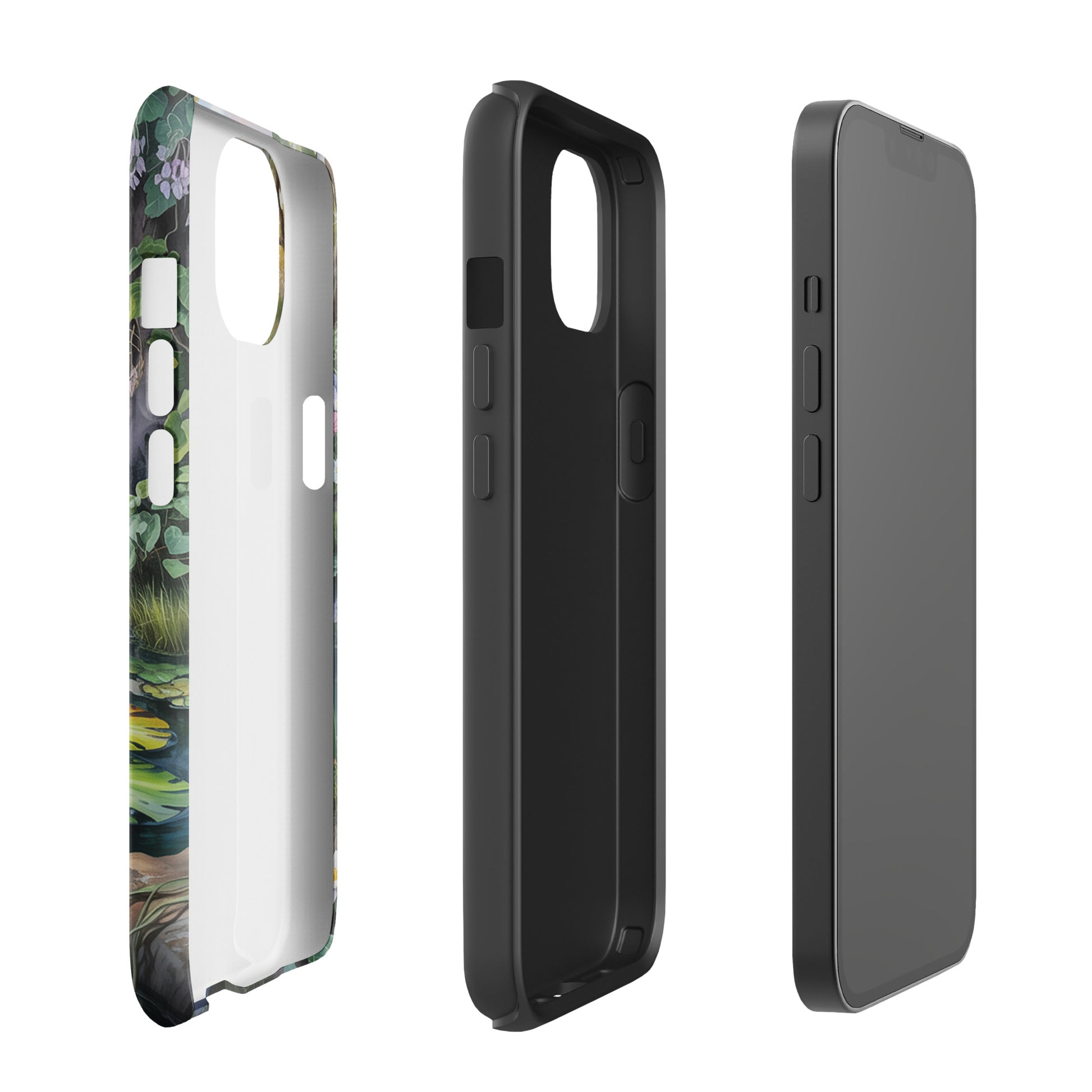 Phone Case for iPhone: Enchanted Pond, featuring lily pond design, lush greenery, and sunset reflections. Elegant phone accessory.