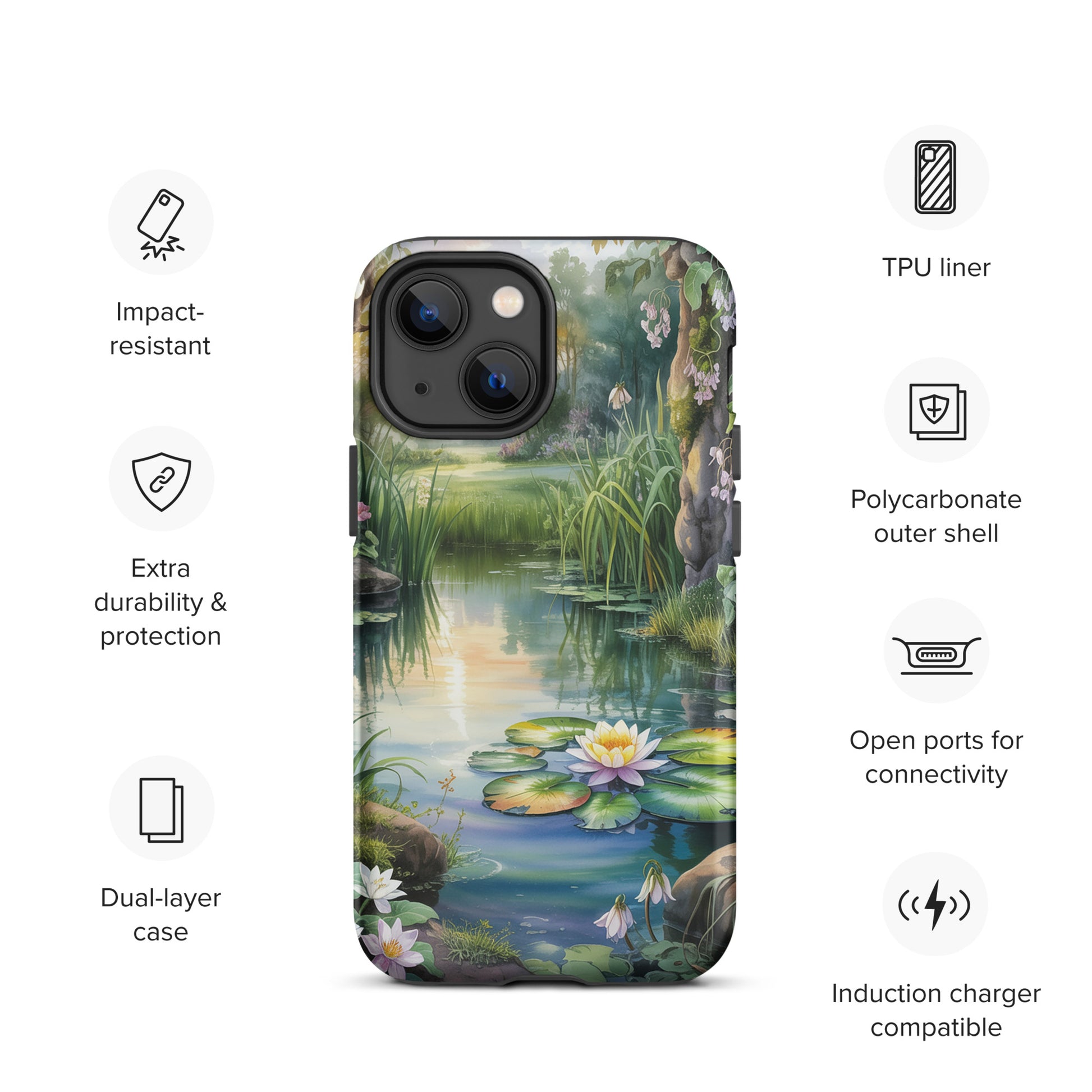 Phone Case for iPhone featuring Enchanted Pond design with serene lily pond and greenery, impact-resistant and induction charger compatible.