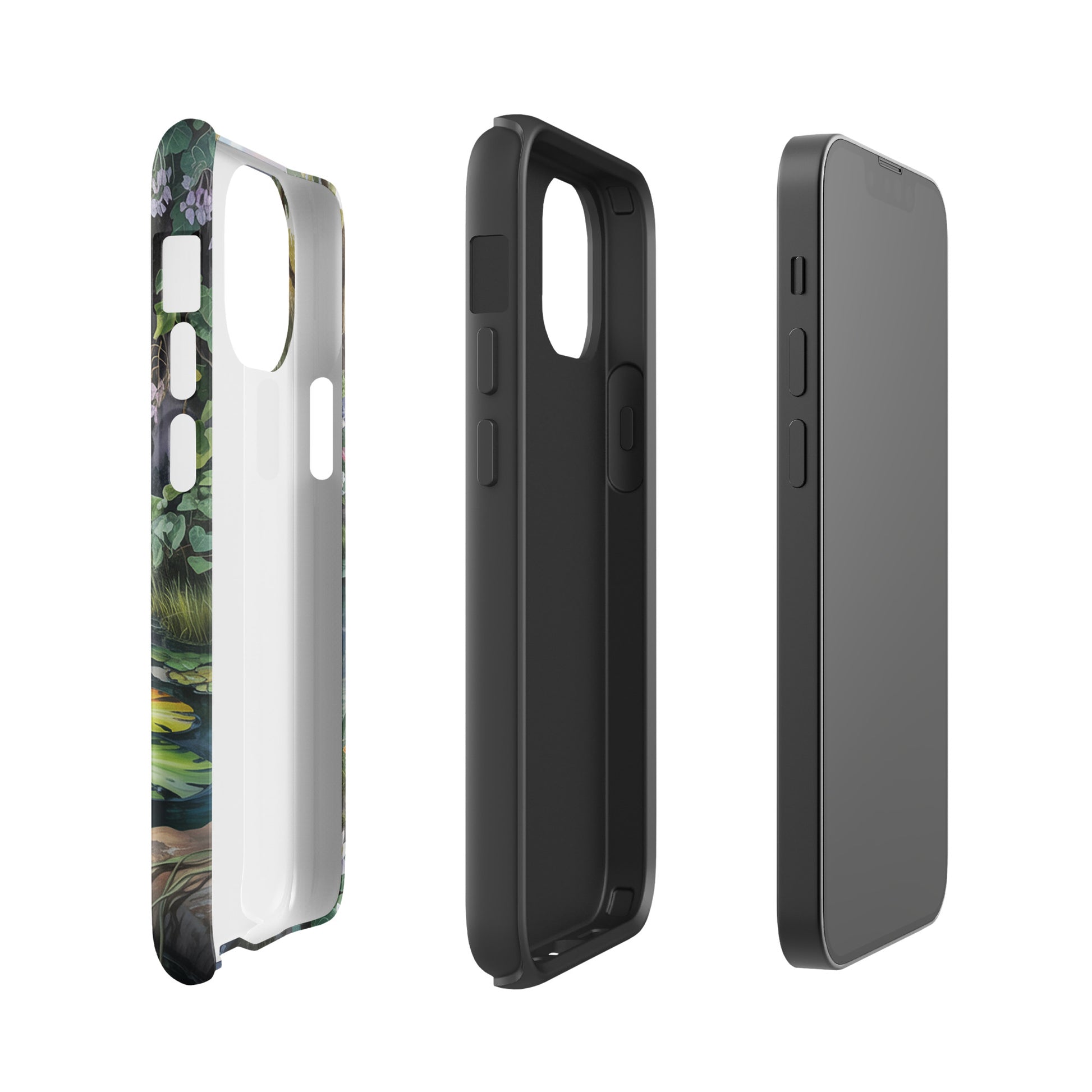 Phone Case for iPhone with enchanted pond design featuring lily-dotted pond, lush greenery, and dreamy wildflowers for peaceful charm.
