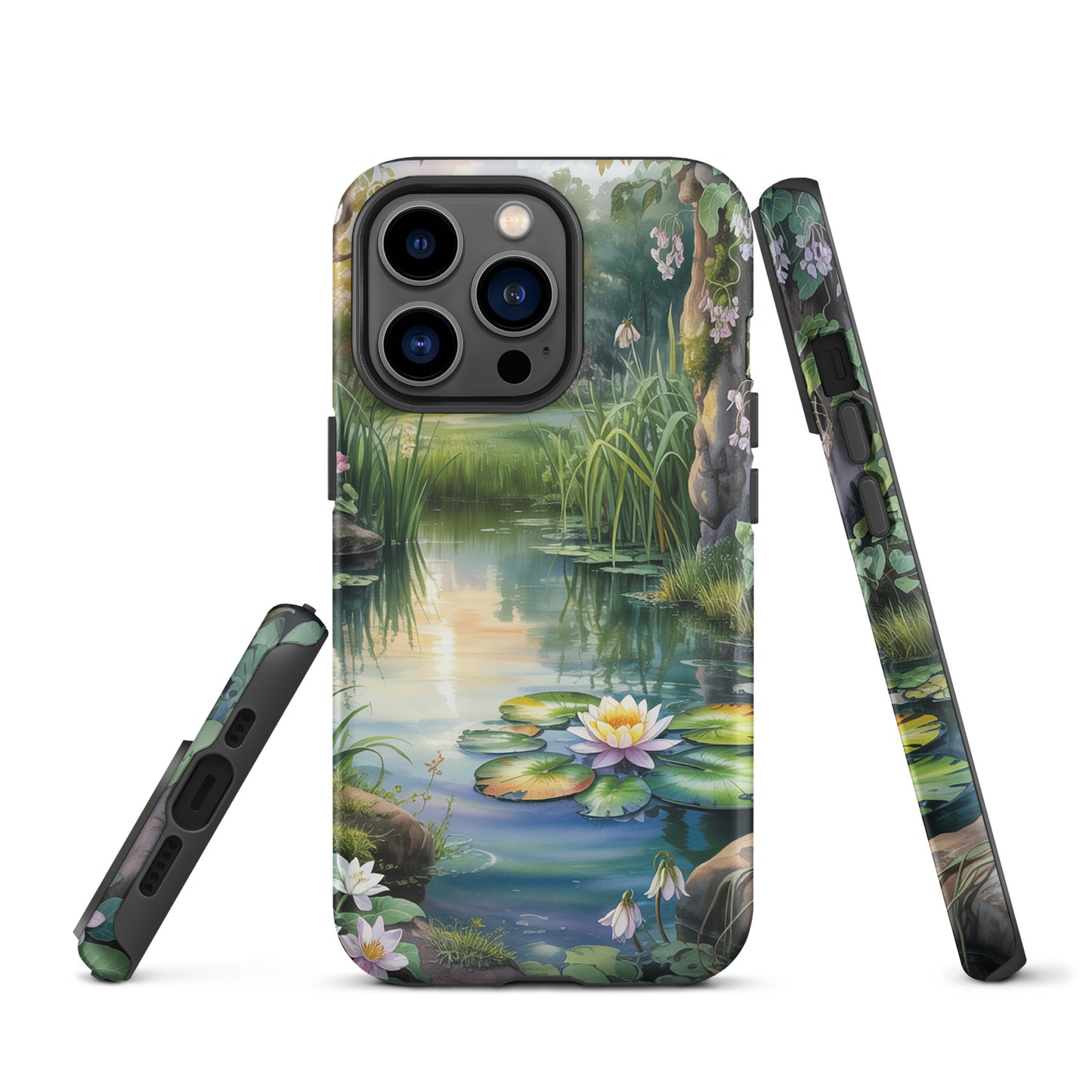 Phone Case for iPhone: Enchanted Pond featuring a serene lily pond with wildflowers and sunset reflections.