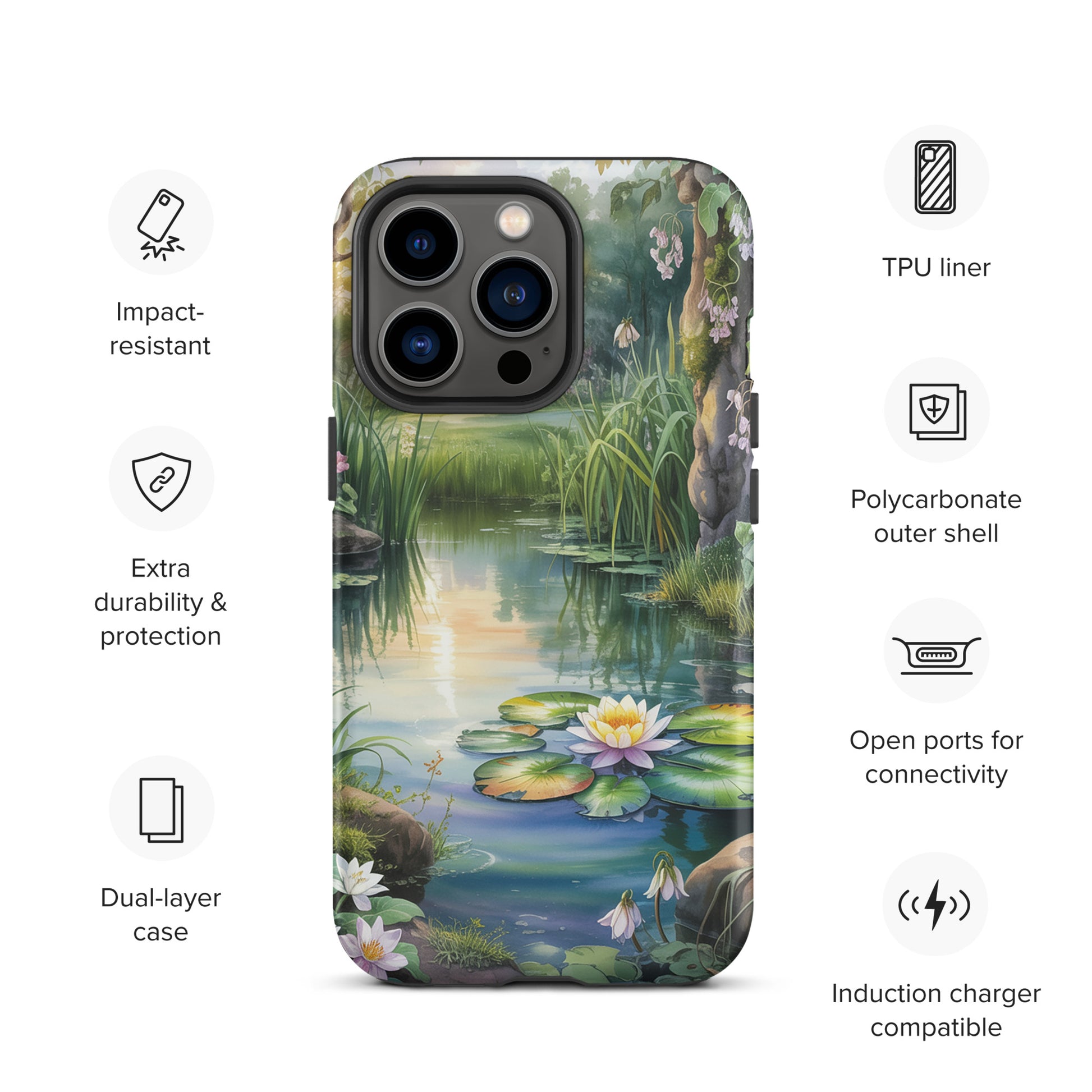 Phone Case for iPhone featuring an enchanted pond design with water lilies and golden reflections, offering protection and style.