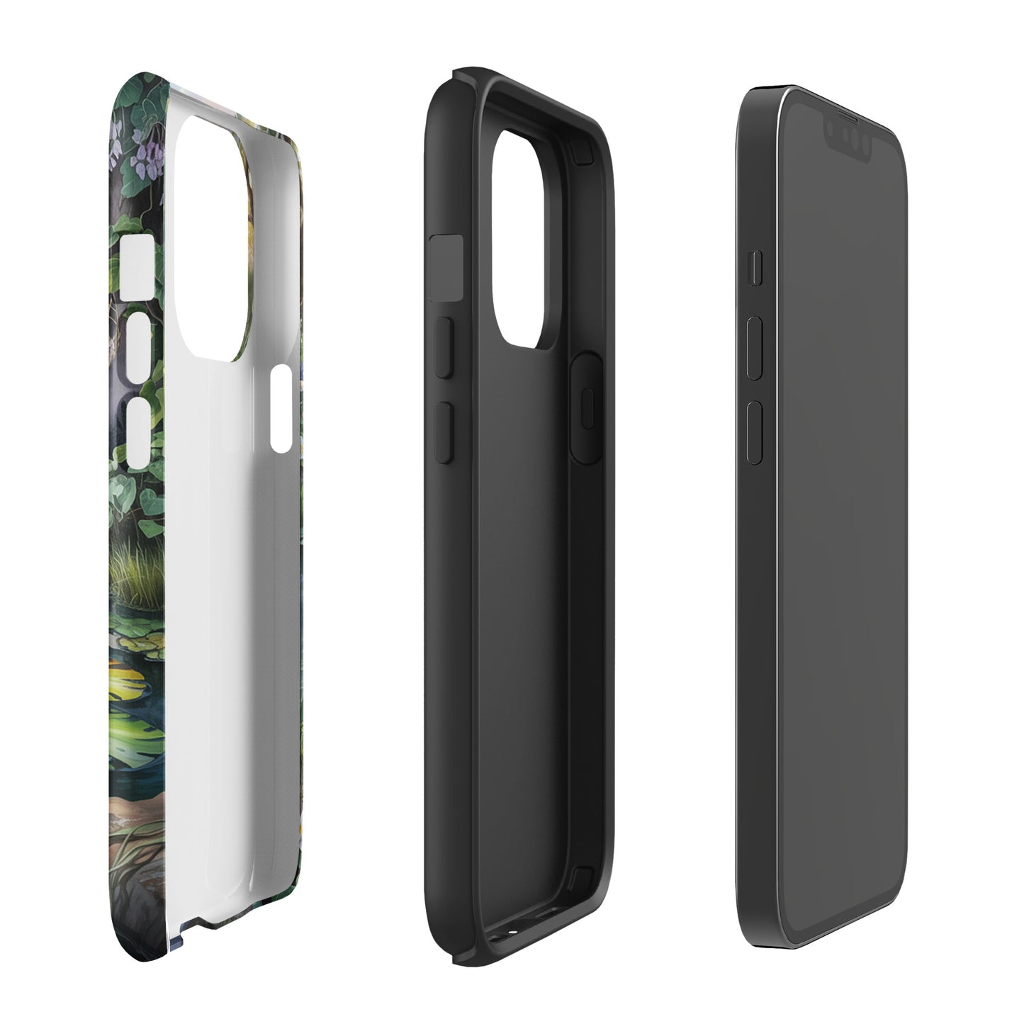 Phone Case for iPhone: Enchanted Pond with lily pond design, peaceful sunset colors, and lush greenery aesthetics.