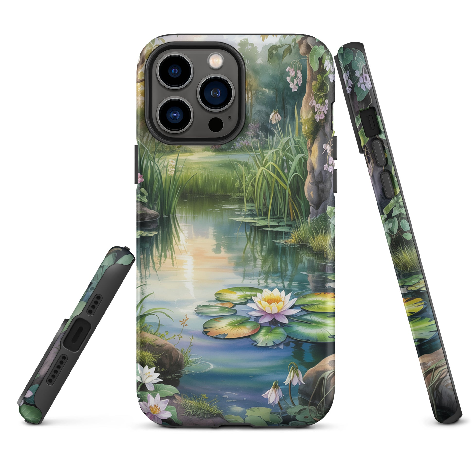 Phone Case for iPhone featuring enchanted pond design with lily pads, wildflowers, and tranquil sunset reflections.