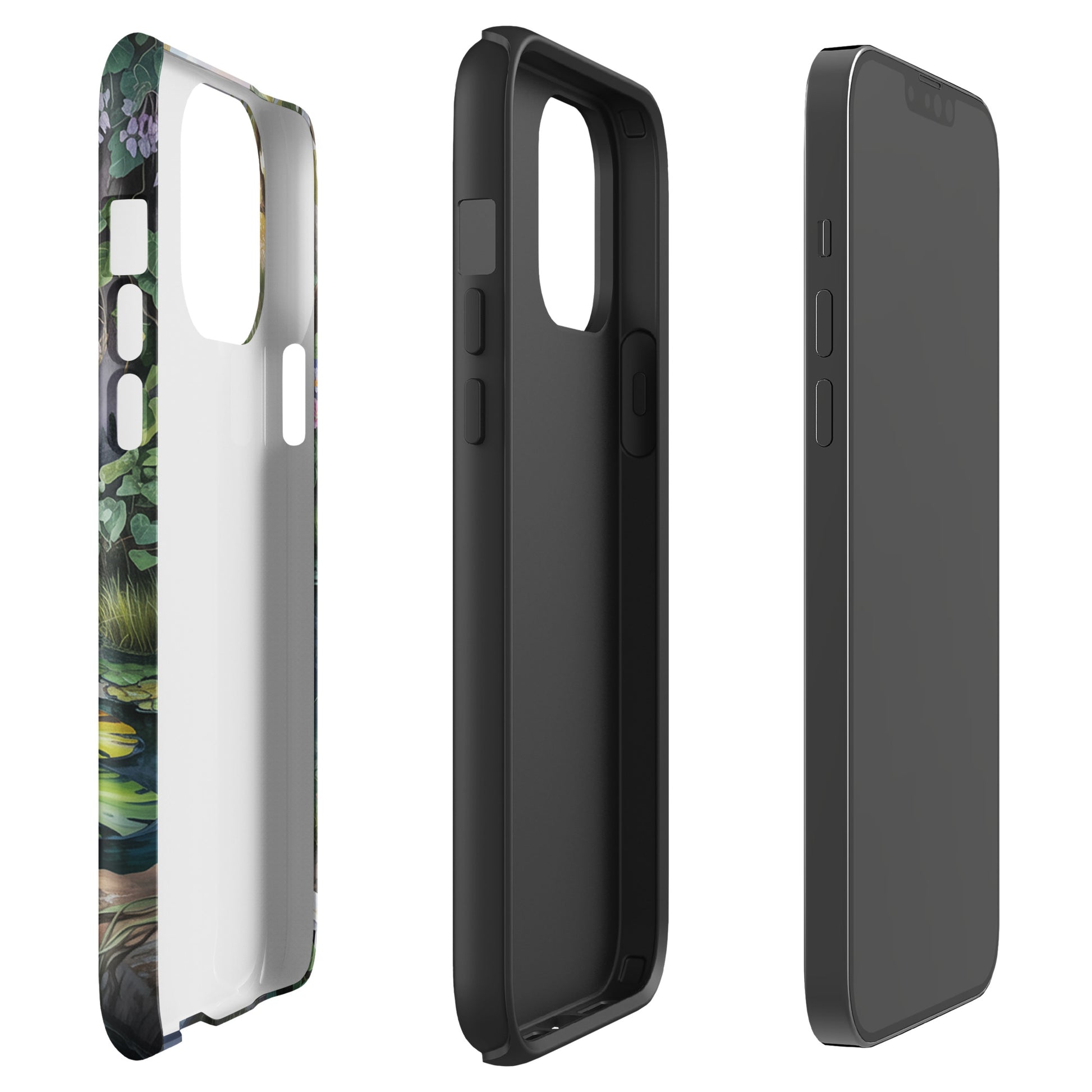 Phone Case featuring enchanted pond design with lily pads and sunset hues for iPhone, back and side view displayed.