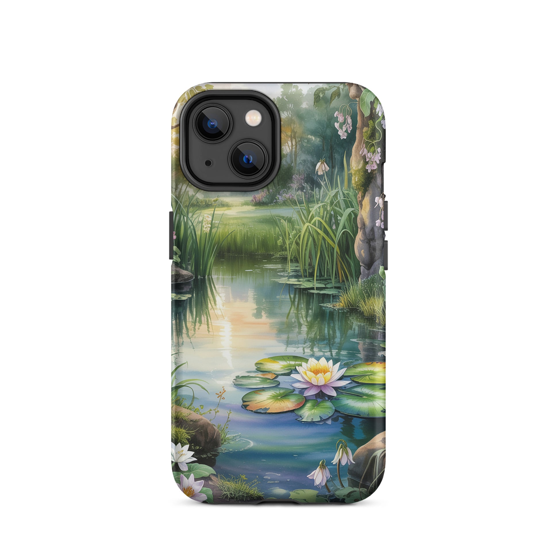 Phone Case for iPhone with enchanted pond design featuring lily-dotted water, lush greenery, and soft sunset reflections.