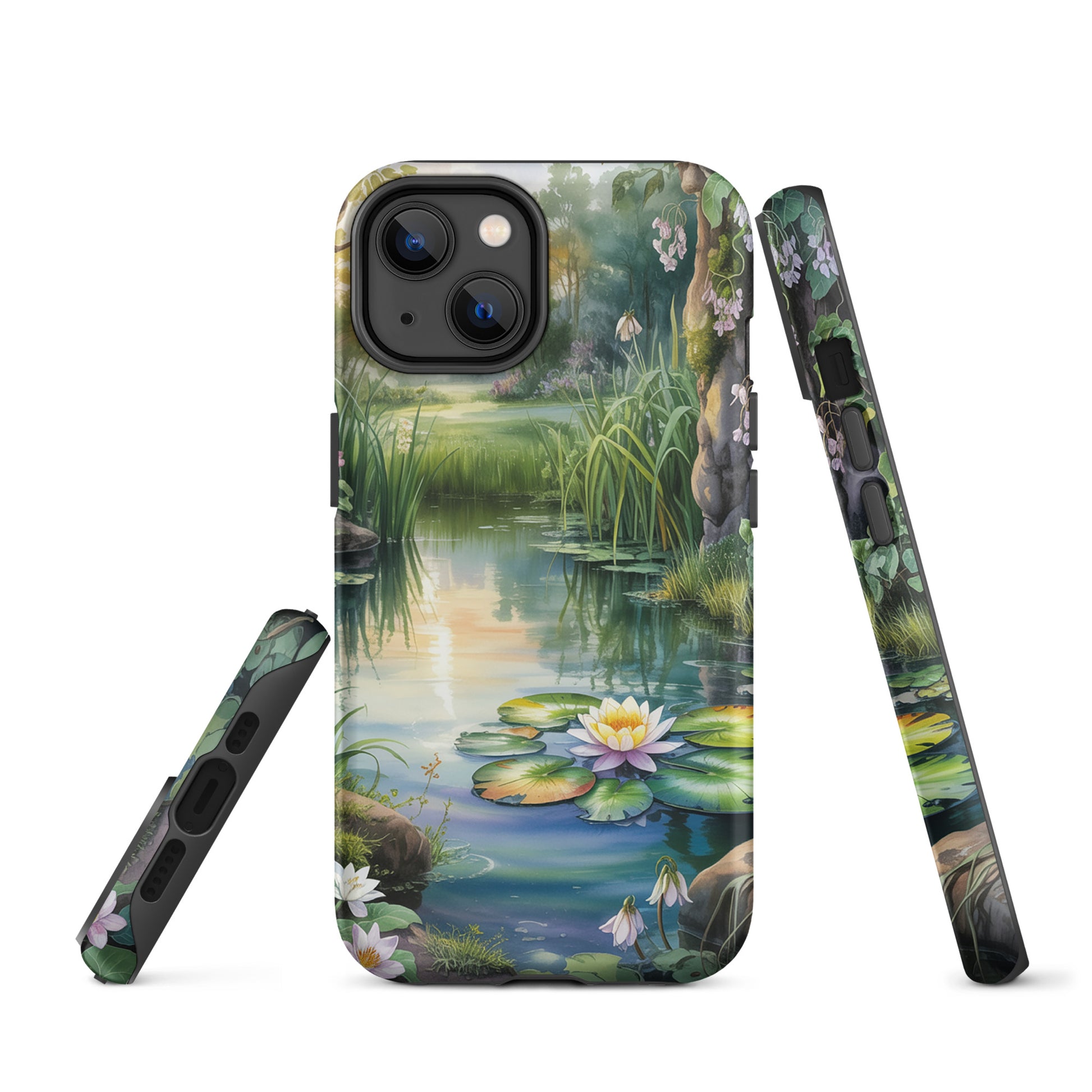 Phone Case for iPhone with enchanted pond design featuring lily-dotted water, lush greenery, and dreamy wildflowers.