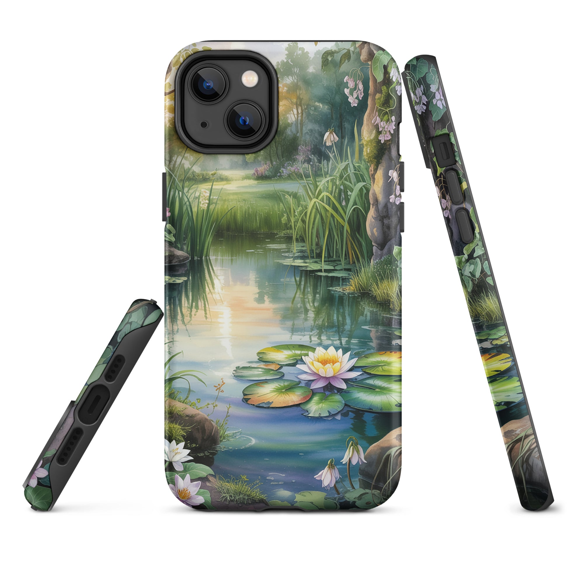 Phone Case for iPhone with an enchanted pond design featuring water lilies and lush greenery.