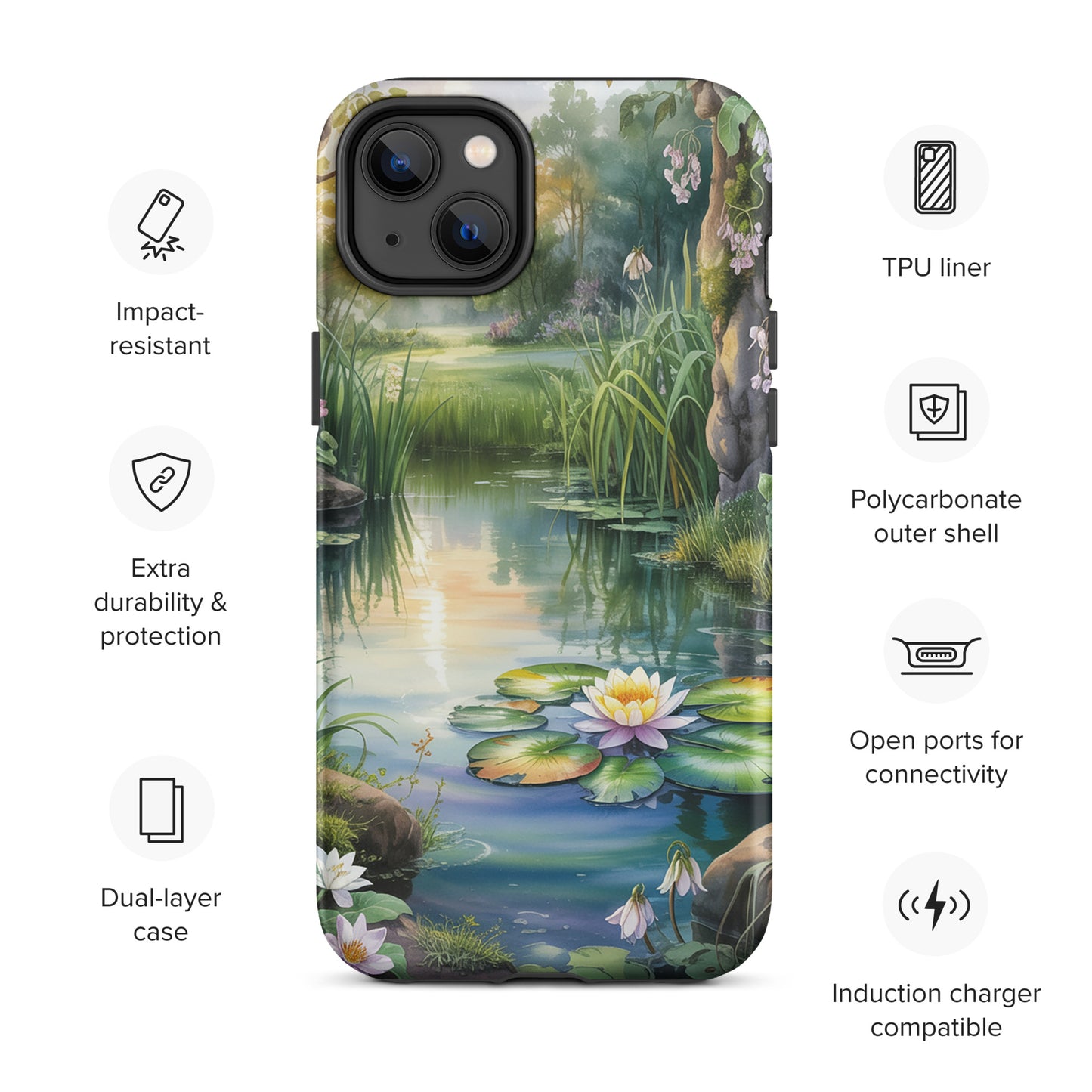 Phone Case with Enchanted Pond design featuring lily-dotted pond, lush greenery, and sunset light for iPhone, dual-layer protection