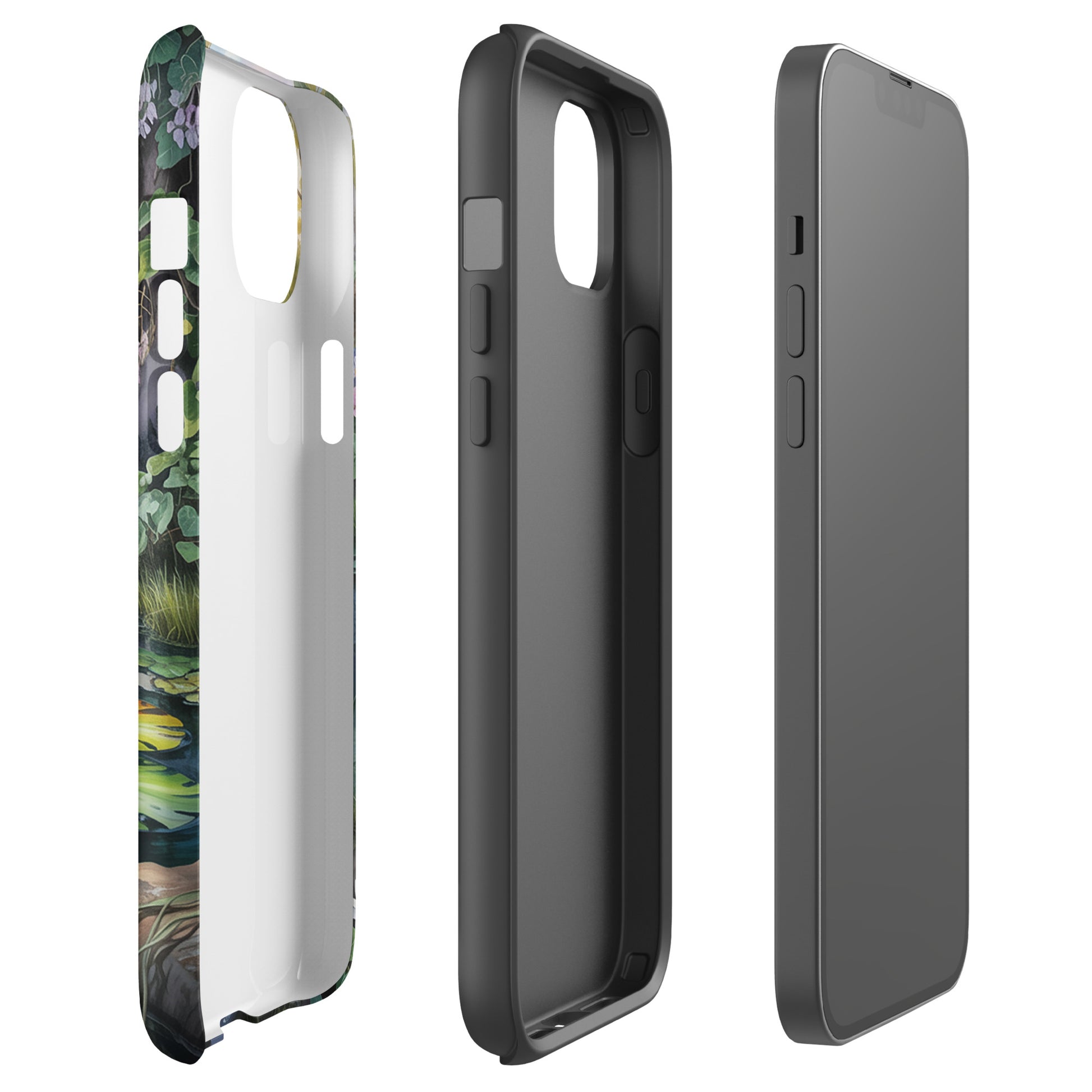 Phone Case for iPhone with enchanted pond design featuring water lilies, lush greenery, and sunset light.