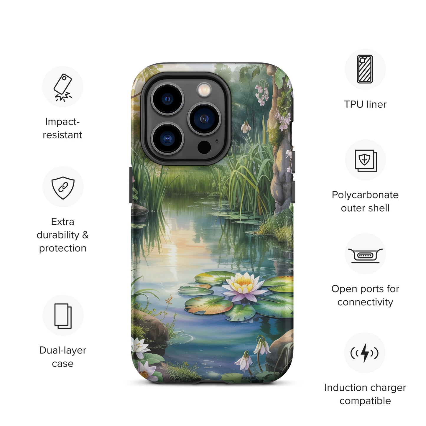 Phone Case for iPhone with enchanted pond design featuring lily pads and soft sunset light, offering durable protection and compatibility.