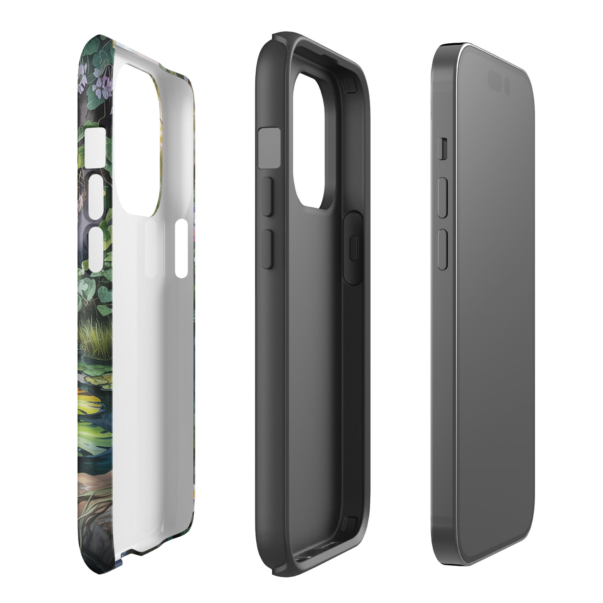 Phone Case for iPhone featuring an Enchanted Pond design with lily-dotted pond, lush greenery, and dreamy wildflowers.