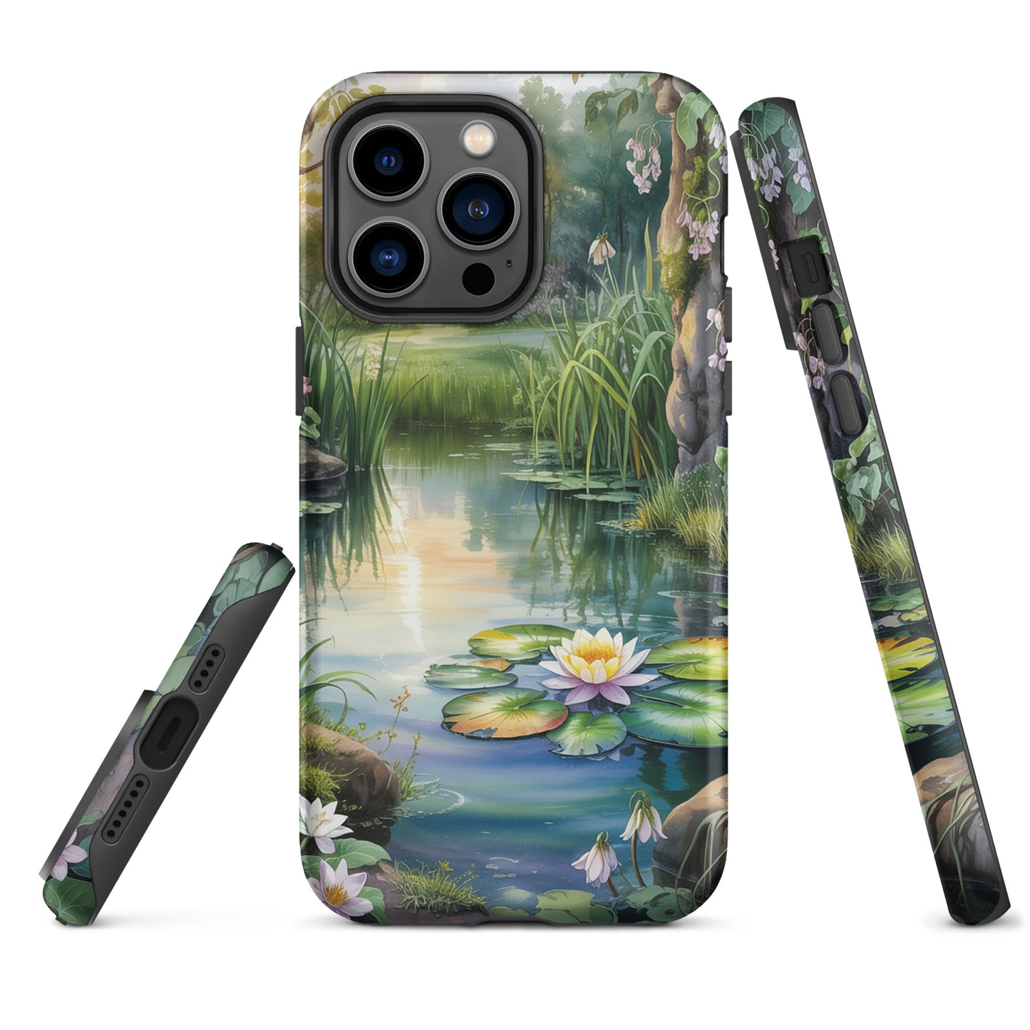 Phone Case for iPhone with enchanted pond design, featuring lush greenery, water lilies, and sunset reflections for a storybook look.