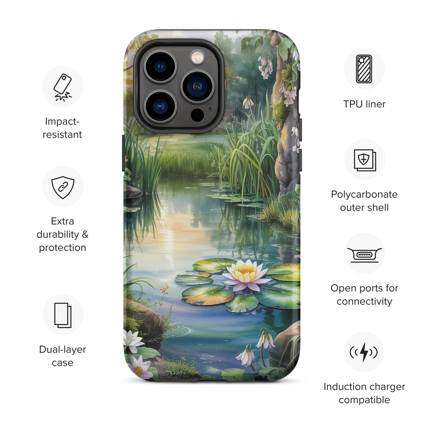 Phone Case for iPhone depicting a lush enchanted pond with water lilies and wildflowers, offering durability and wireless charging compatibility.