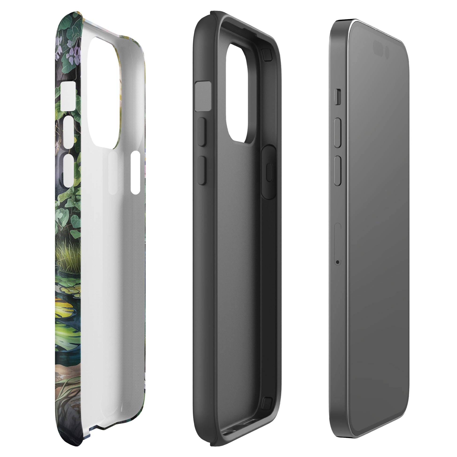 Side and angled views of enchanted pond Phone Case for iPhone featuring lily pond and lush greenery design.