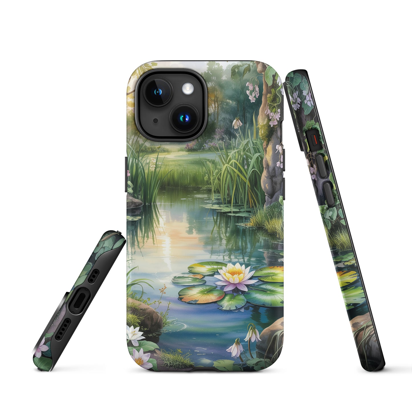 Phone Case for iPhone featuring enchanted pond design with lily-dotted water, lush greenery, and sunset reflections, pocket-sized escape.