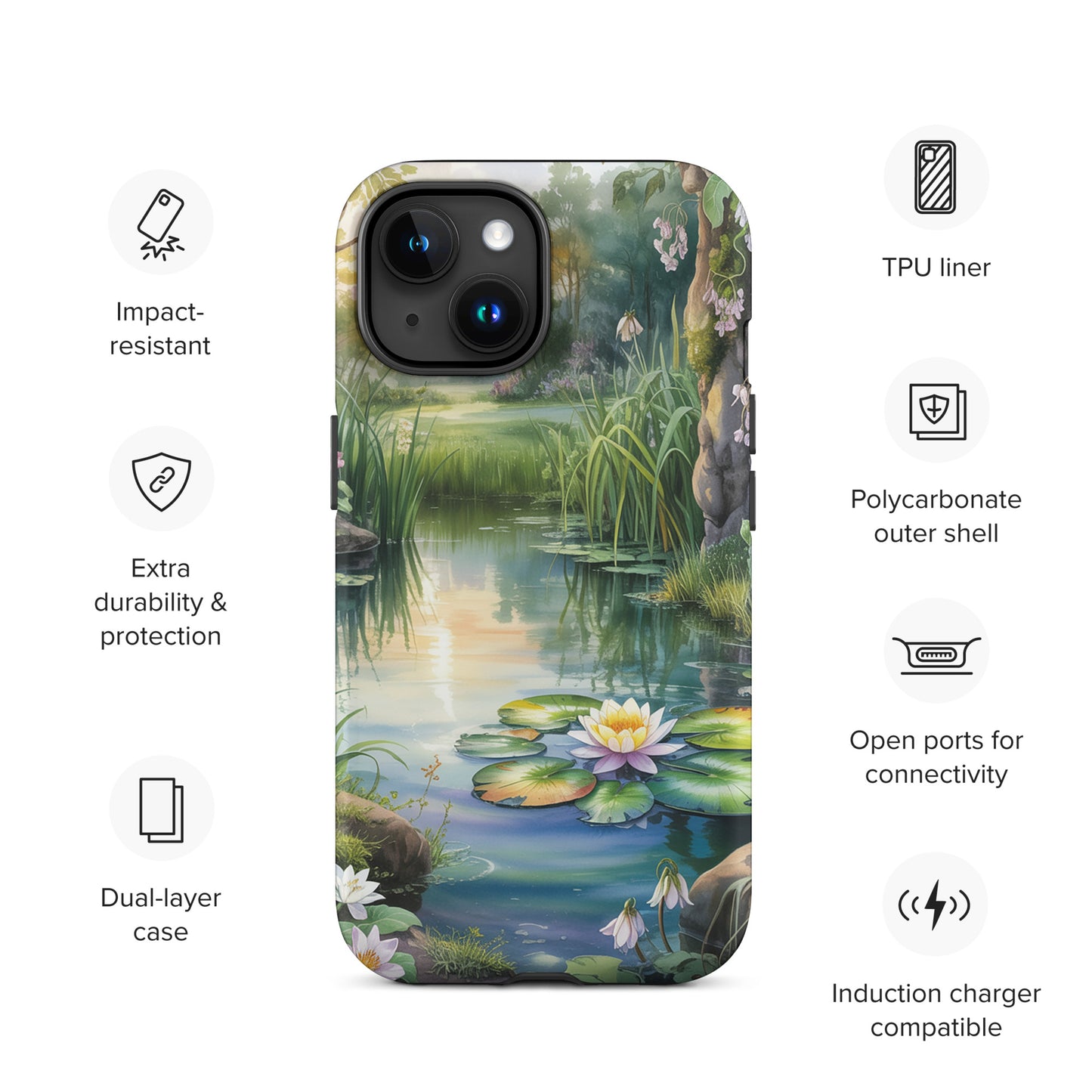 Phone Case for iPhone: Enchanted Pond design with tranquil water lilies and lush greenery, showcasing impact-resistant features.