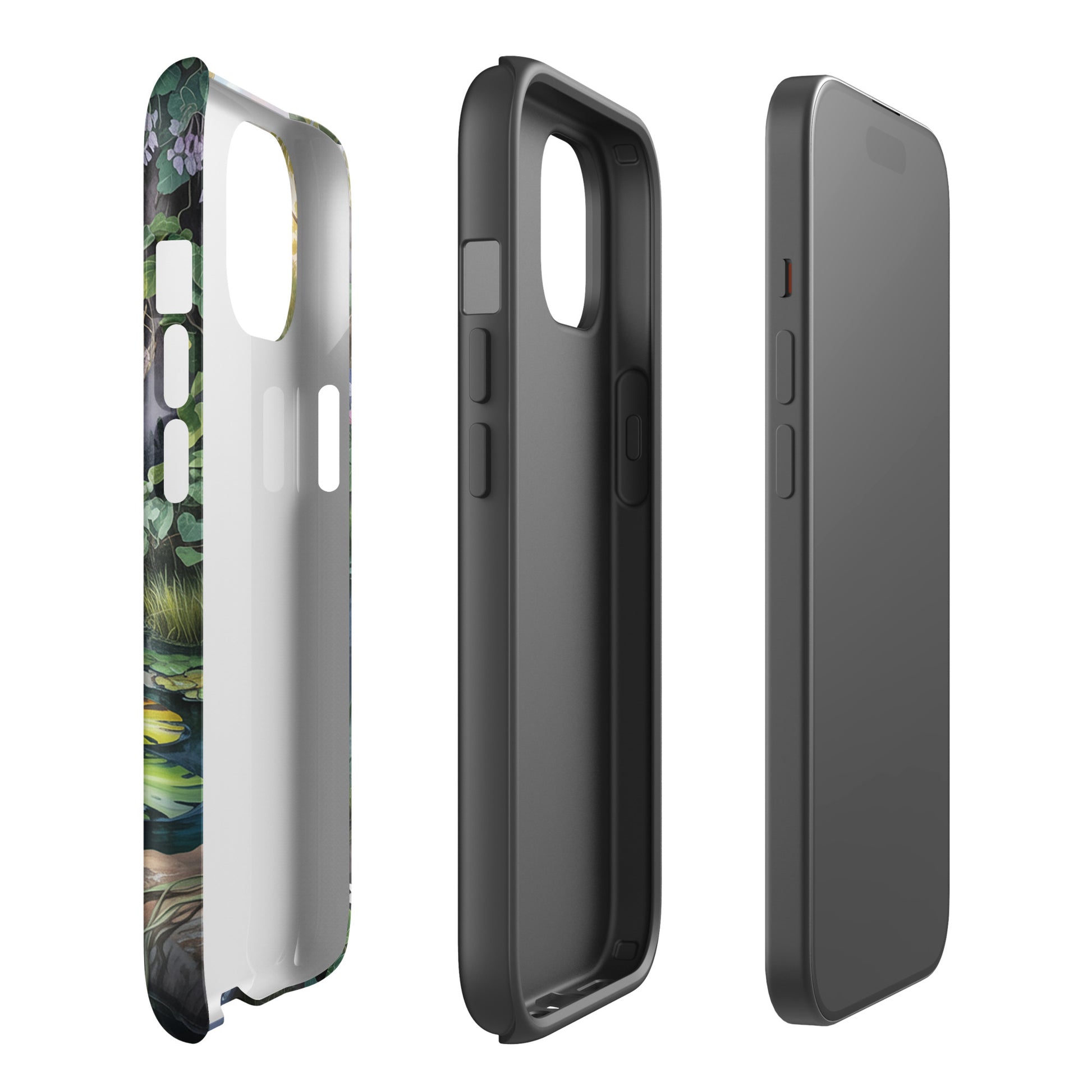 Phone Case for iPhone featuring enchanted pond design with lily-dotted waters, lush greenery, and warm sunset reflections.