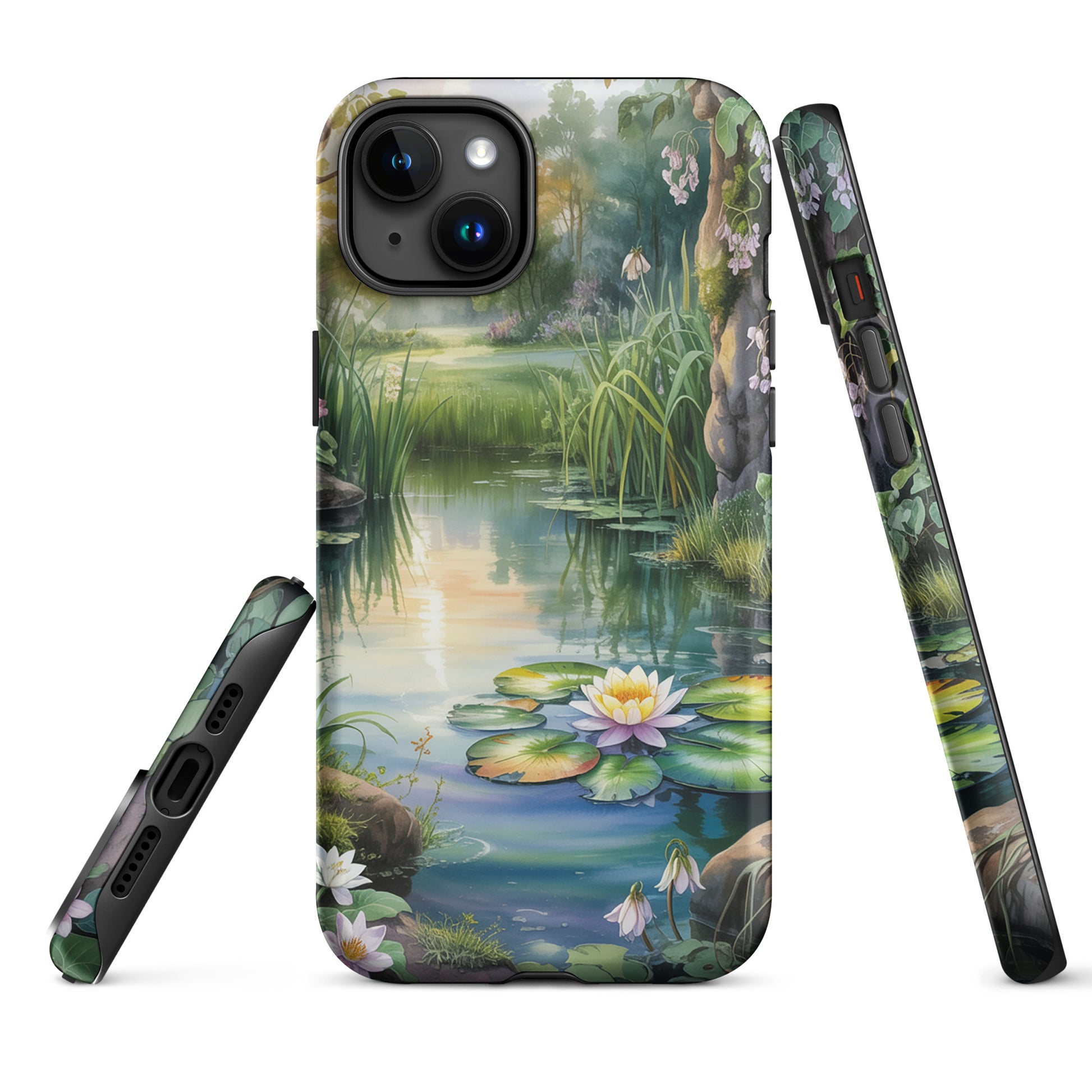 Enchanted Pond Phone Case for iPhone with lily pond and greenery design, featuring tranquil water lilies and a dreamy sunset ambiance.