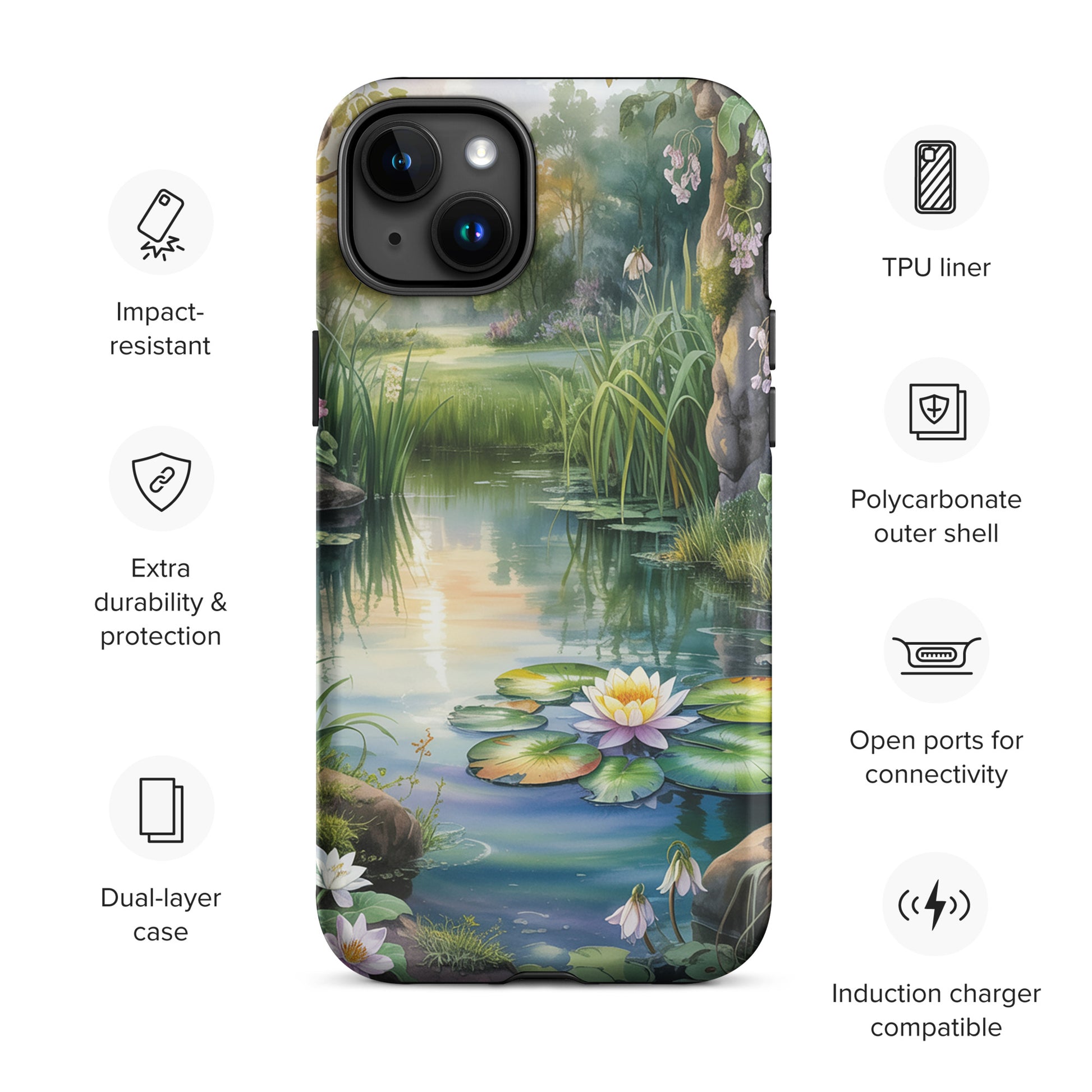 Phone Case for iPhone featuring Enchanted Pond design with lily pads and lush greenery, perfect for nature lovers seeking peaceful charm.