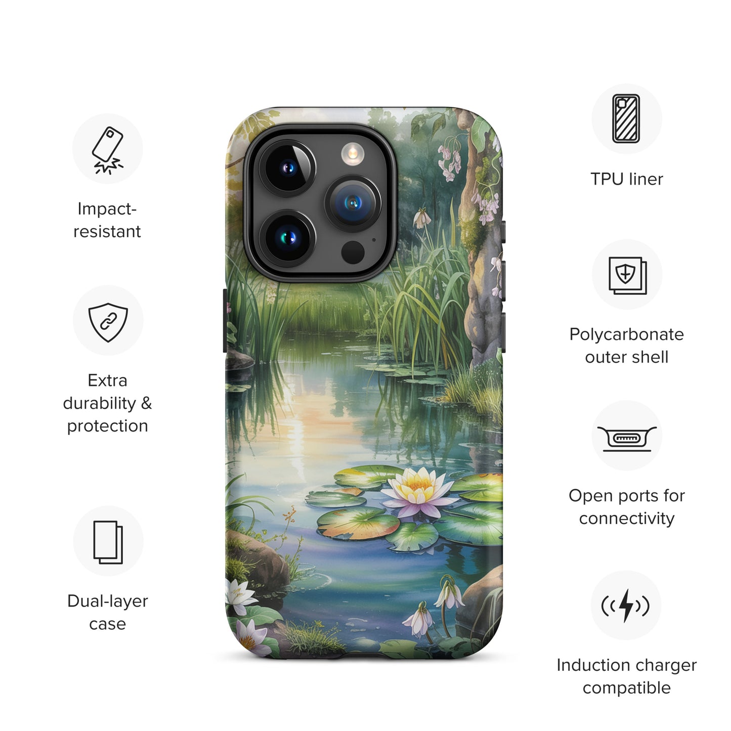 Phone Case for iPhone with Enchanted Pond design; features lily pond, greenery, and sunset light; impact-resistant and durable.