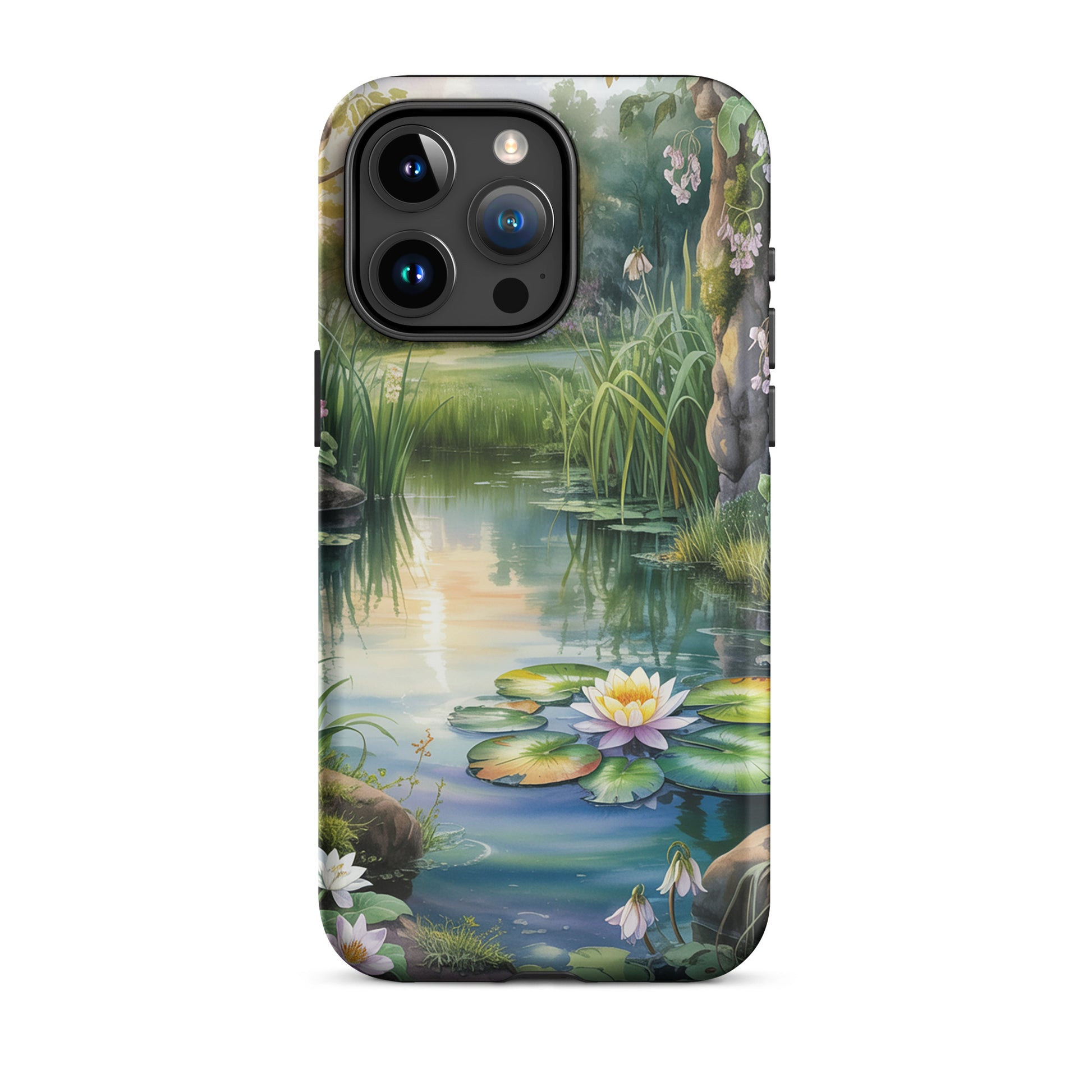 Phone Case featuring enchanted pond with lily pads, golden reflections, and wildflowers, designed for iPhone.