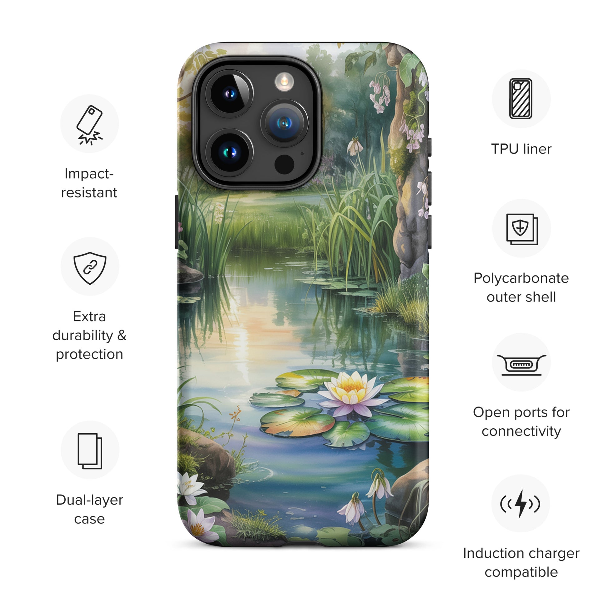 Phone Case for iPhone with enchanted pond design, featuring lily pads, greenery, and sunset reflections, highlighting durability and protection.