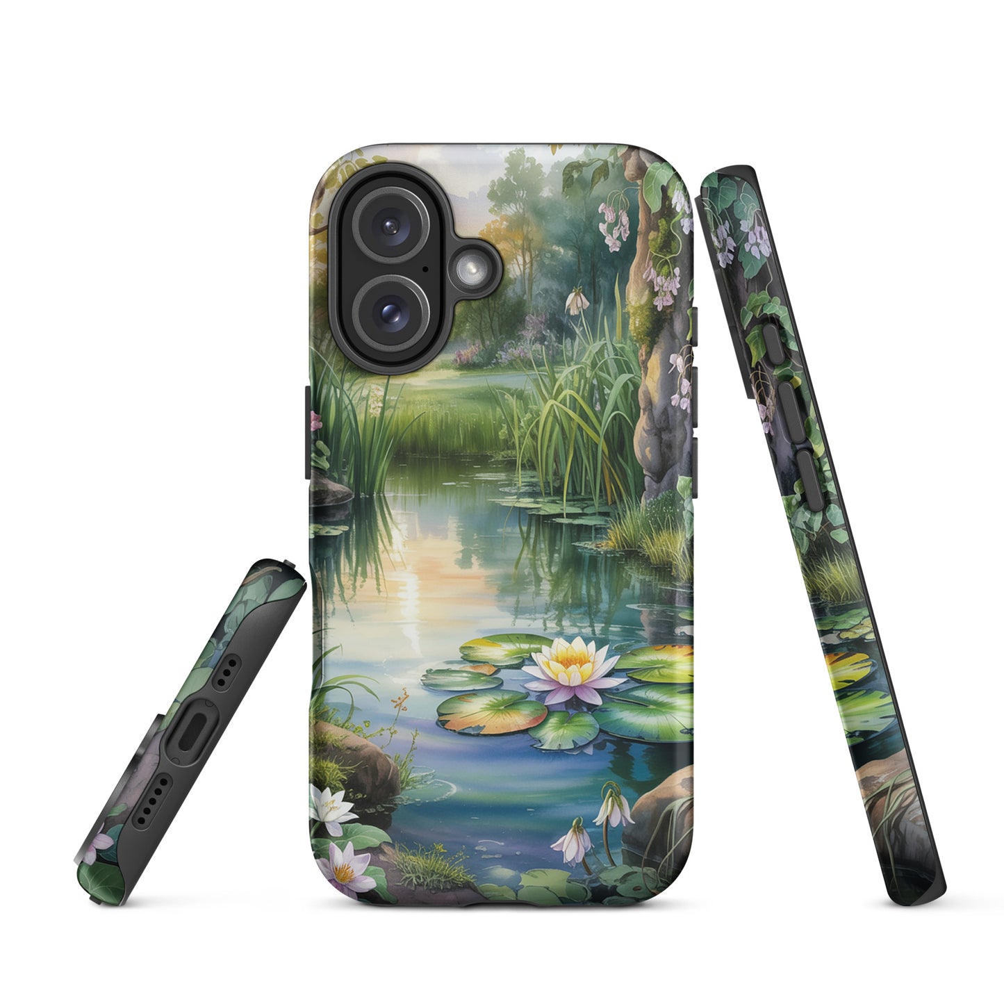 Phone Case featuring Enchanted Pond design with lily pads and wildflowers, perfect for iPhone. Tranquil escape in your hand.