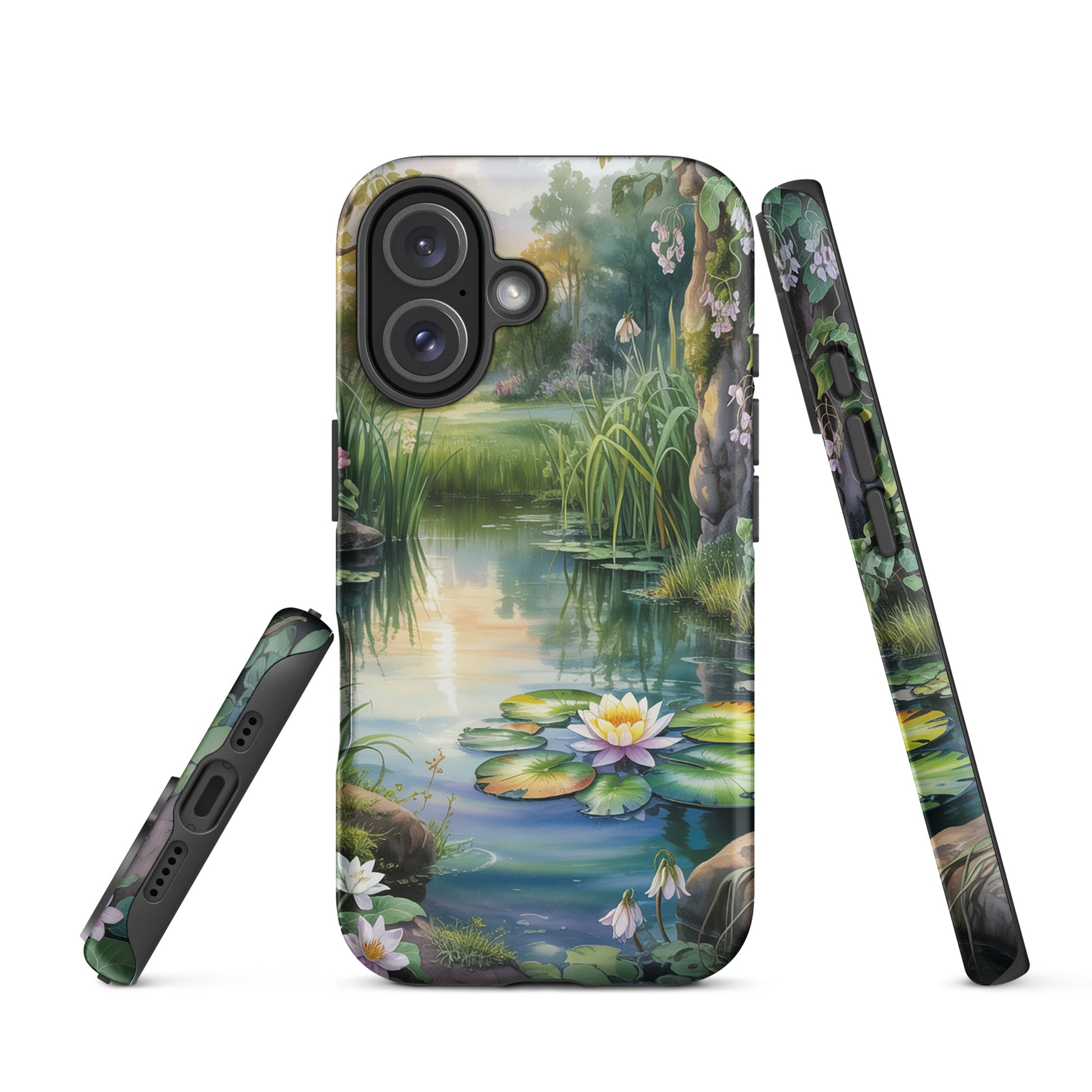 Phone Case featuring Enchanted Pond design with lily pads and wildflowers, perfect for iPhone. Tranquil escape in your hand.