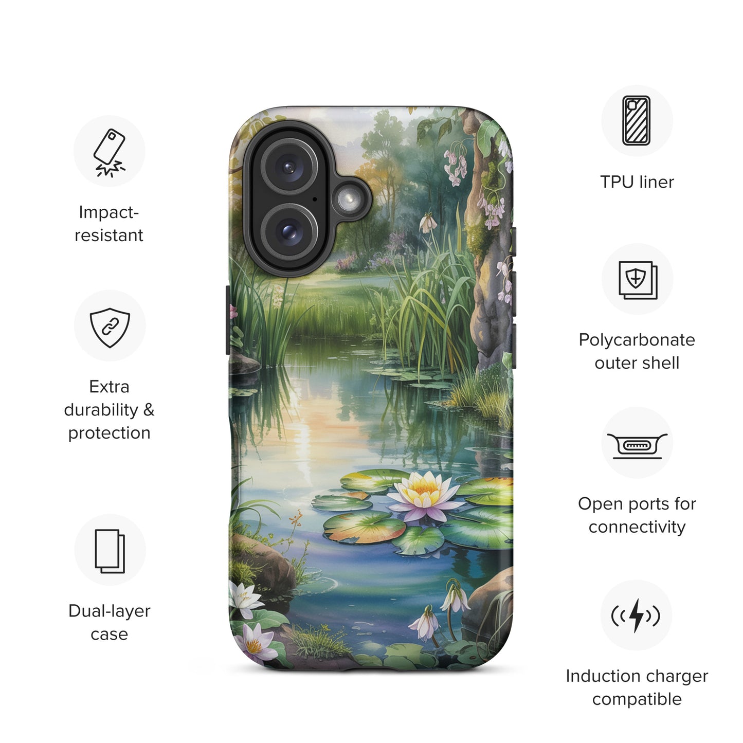 Phone Case for iPhone Enchanted Pond design with lily-dotted pond and lush scenery, featuring dual-layer protection and compatibility.