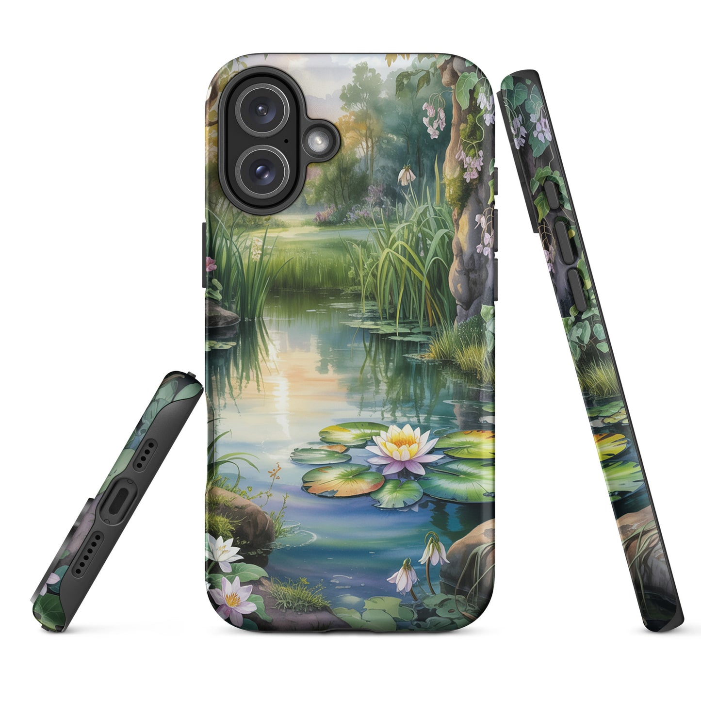 Phone Case with enchanted pond design, featuring lily-dotted pond, lush greenery, and wildflowers for iPhone.