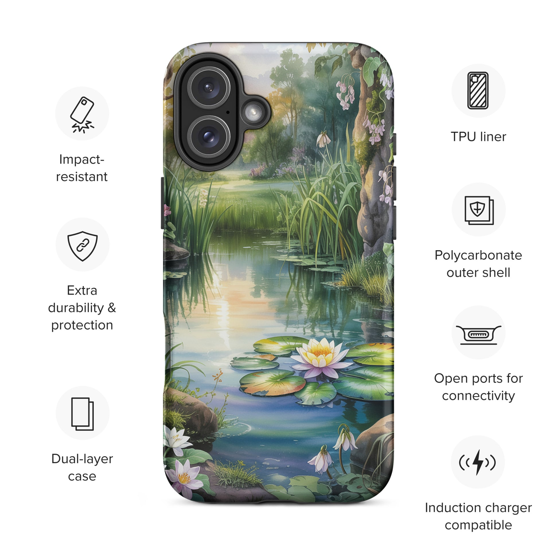 Phone Case for iPhone with enchanted pond design, featuring lily pad and greenery, impact-resistant and induction charger compatible.